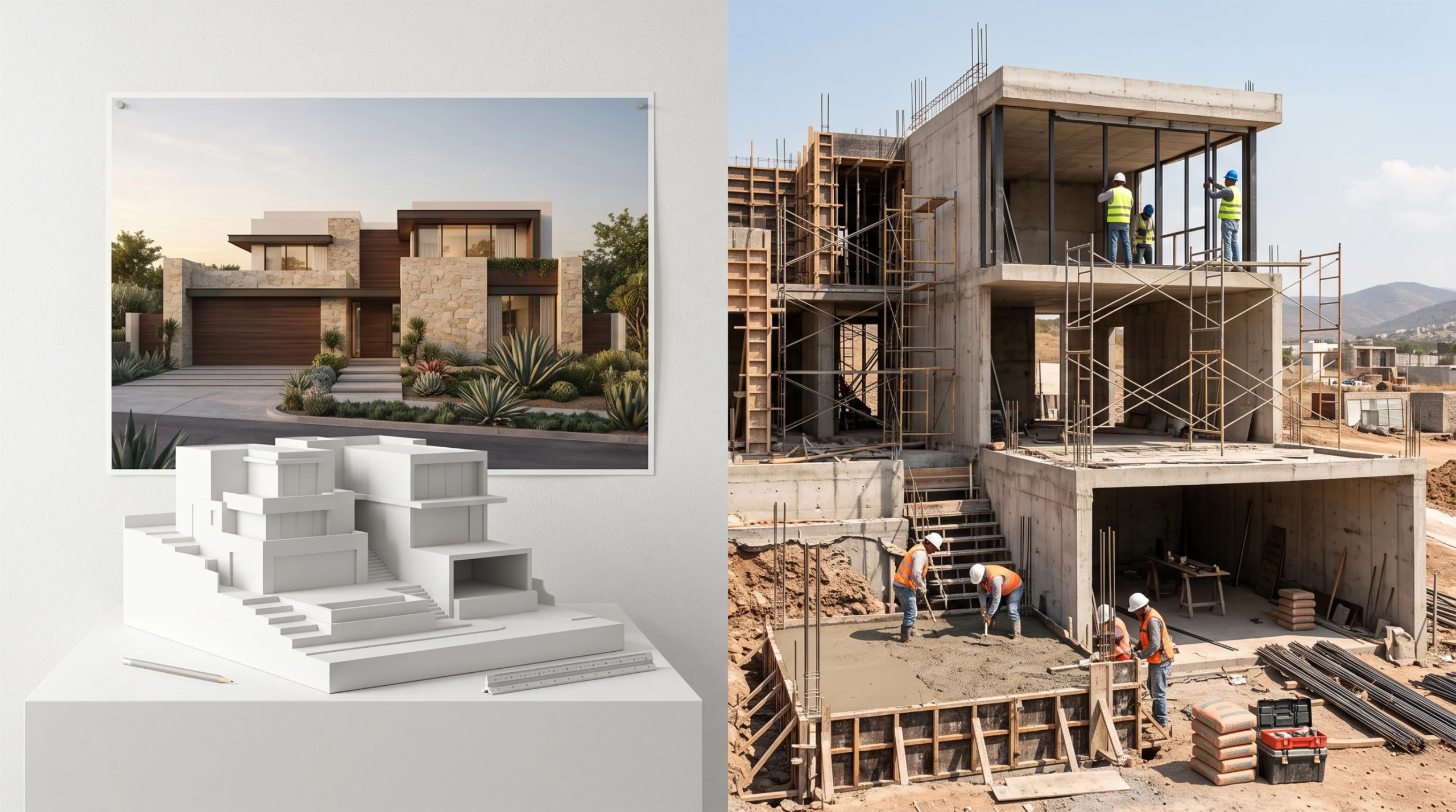 Composición dividida que contrasta una maqueta física blanca y un render arquitectónico a la izquierda, con una obra activa de concreto de varios pisos y andamios a la derecha, mostrando la transición de visión a realidad de RBA Residences en Zapopan.