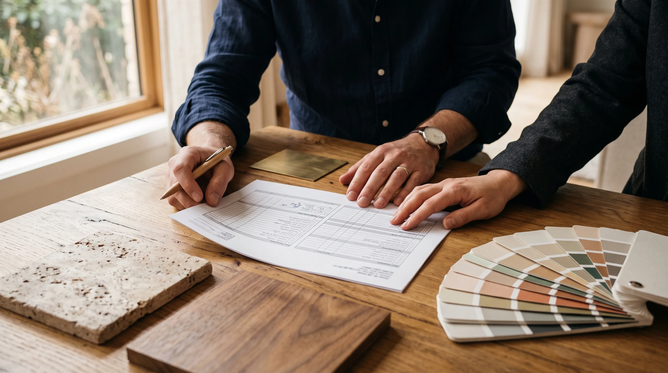 Vista de un arquitecto y un cliente revisando un documento de especificaciones del proyecto junto a muestras de materiales de travertino, madera de nogal y colores de pintura sobre una mesa de roble, selección personalizada de acabados de RBA Residences en Zapopan.