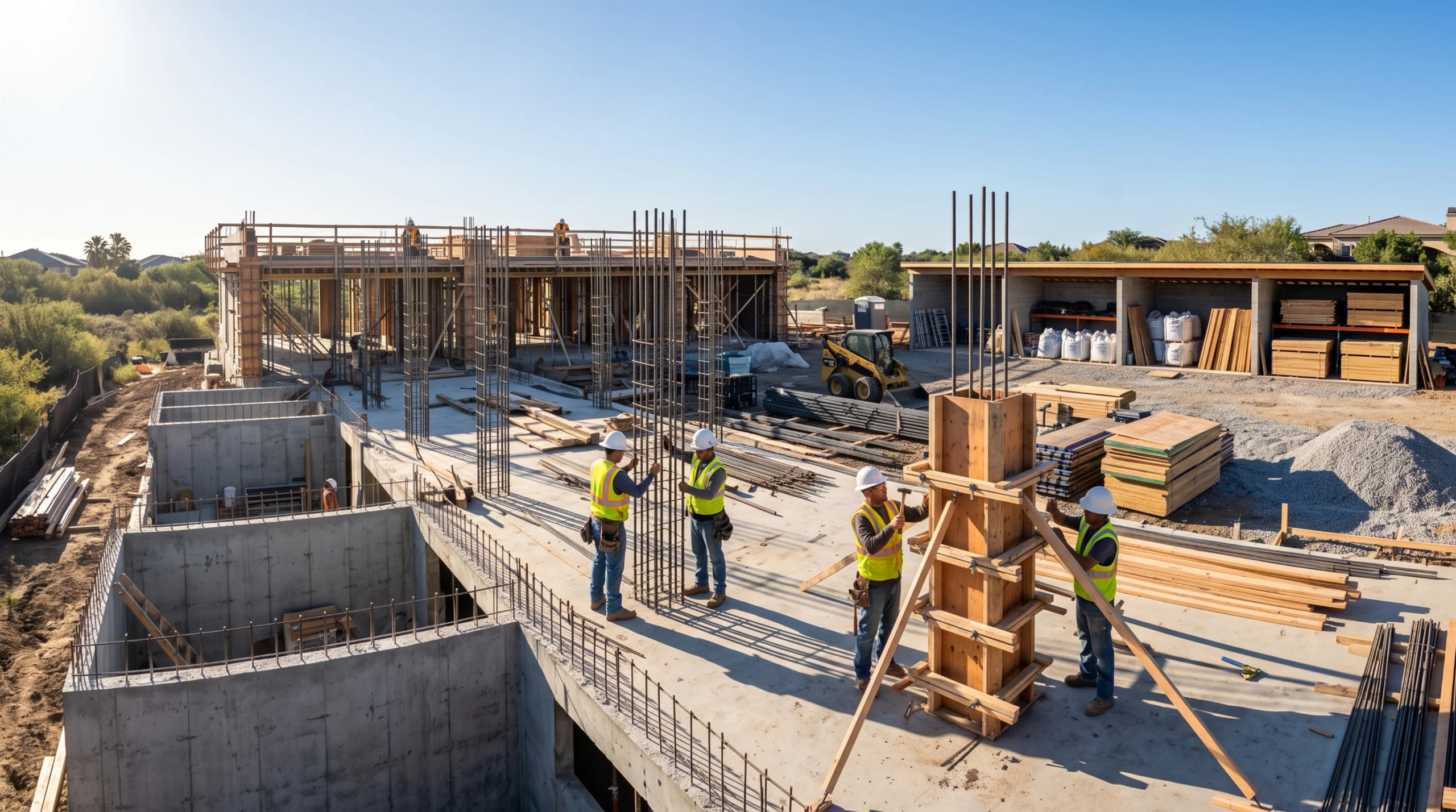 Vista de trabajadores de la construcción ensamblando jaulas de refuerzo de acero y encofrado de madera para columnas estructurales sobre una losa de cimentación de concreto elevada, precisión estructural vertical de RBA Residences en Zapopan.