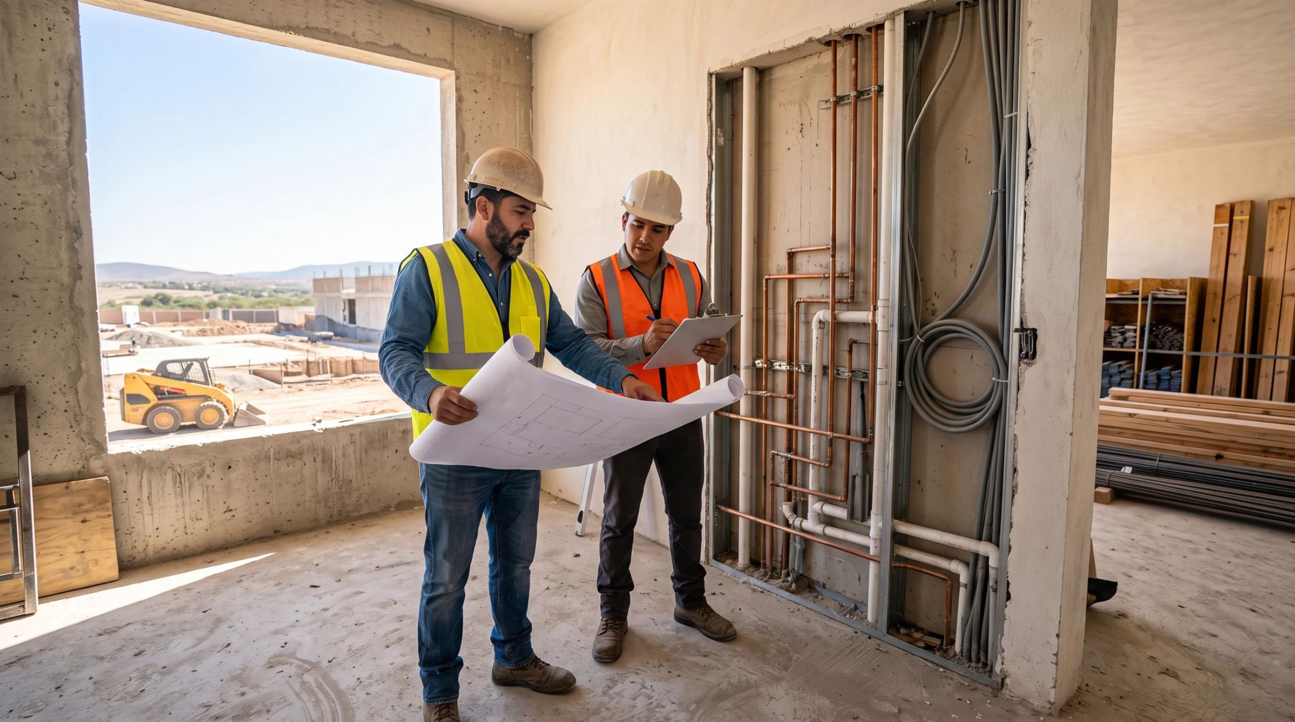 Vista de un supervisor de sitio y un ingeniero revisando planos de planta junto a un muro con instalaciones preliminares expuestas, detallando tuberías de cobre y conductos eléctricos dentro de un sitio de construcción residencial, validación técnica de instalaciones de RBA Residences en Zapopan.