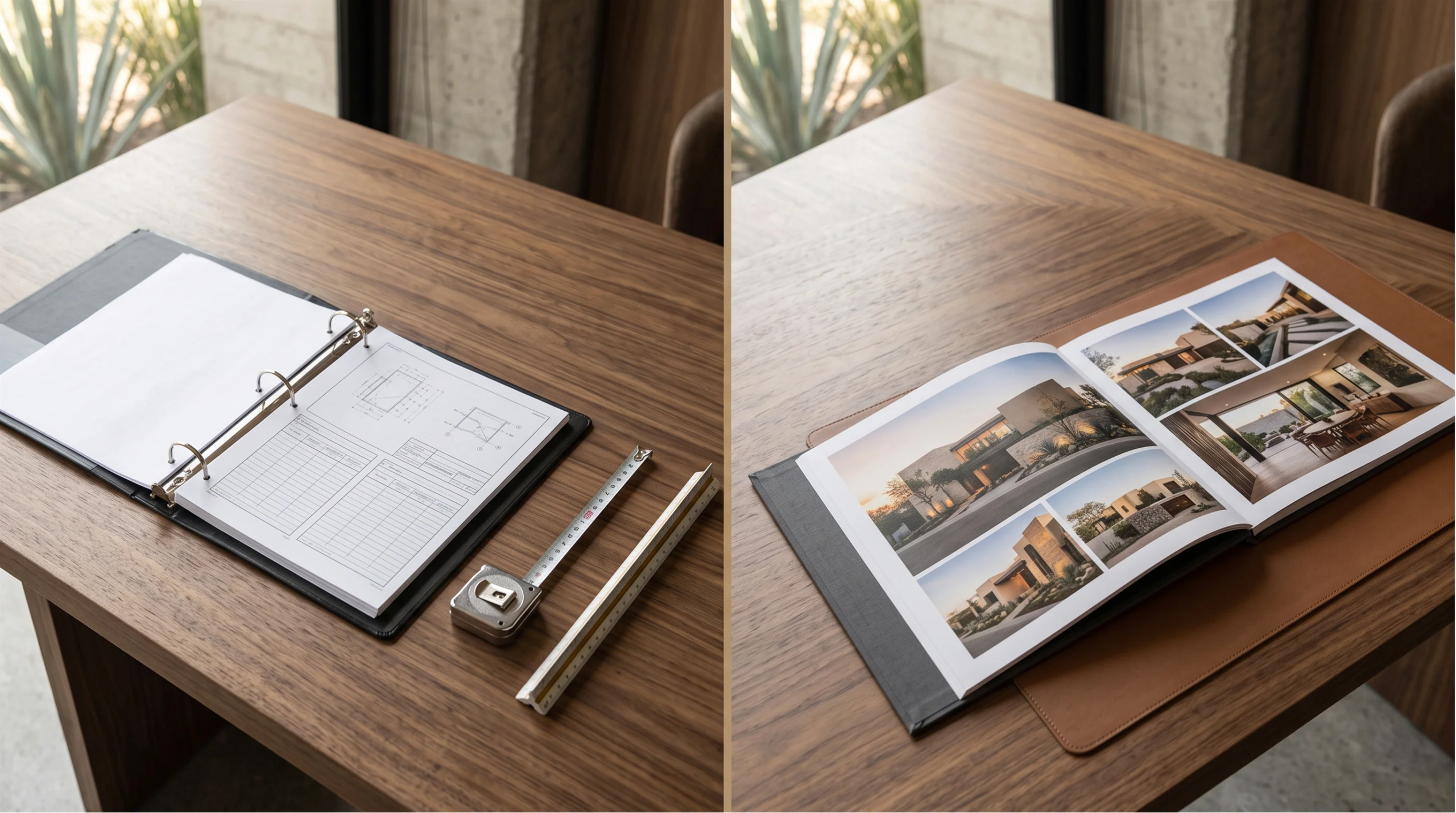 Vista dividida de documentación de proyecto arquitectónico sobre un escritorio de nogal, mostrando especificaciones técnicas y planos de planta en carpeta de anillas a la izquierda, junto a un portafolio abierto que exhibe fotografías de residencias de lujo terminadas a la derecha, trayectoria comprobada de RBA Residences en Zapopan.