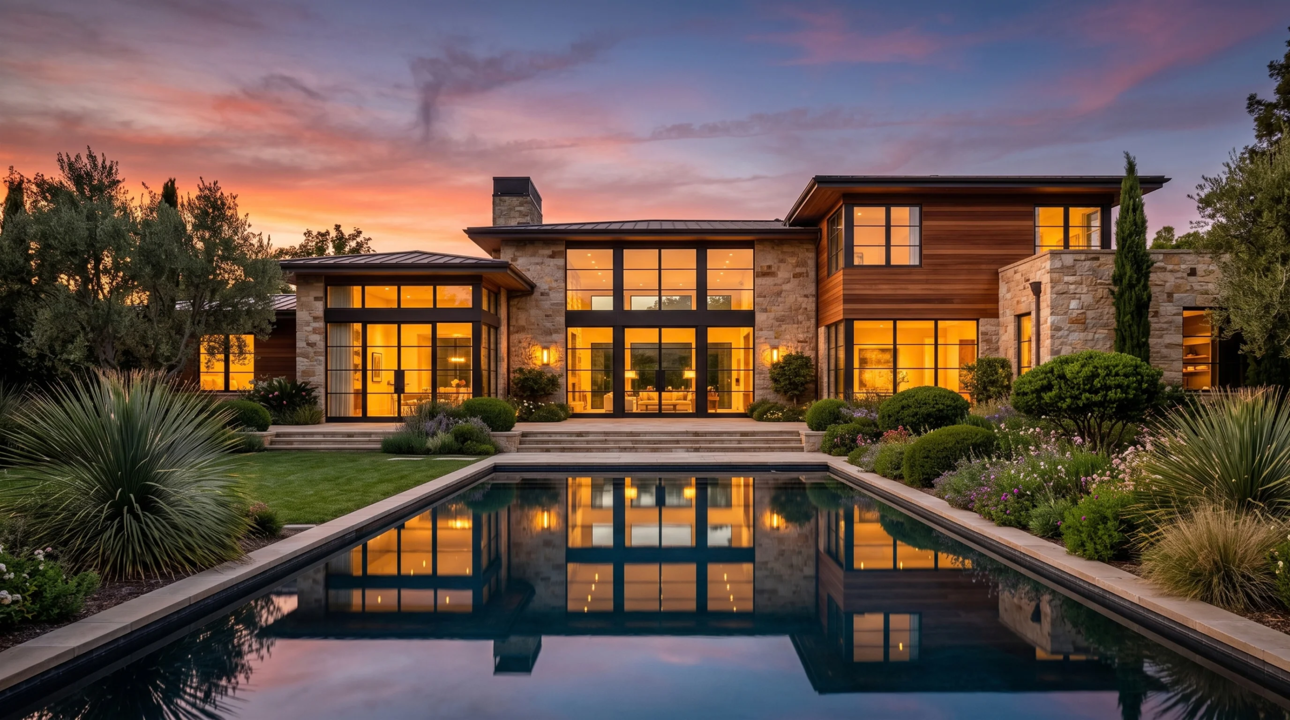 Vista exterior al atardecer de una residencia moderna del desierto terminada, con mampostería de piedra natural, revestimiento de madera cálida, ventanales de piso a techo y una alberca rectangular que refleja el ocaso, arquitectura de lujo y serenidad de RBA Residences en Zapopan.