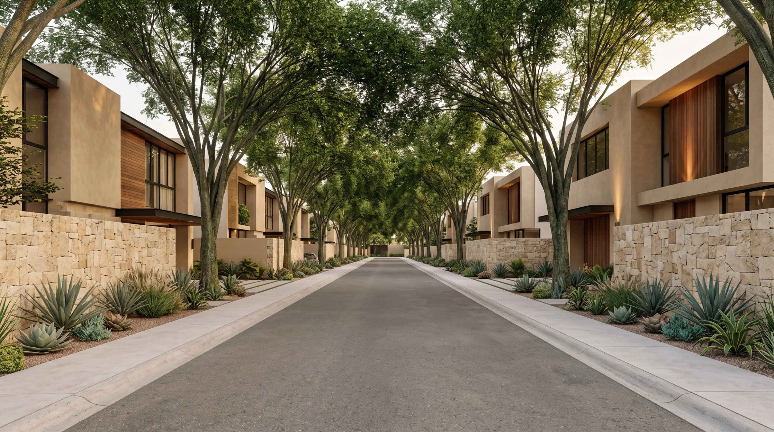 Vista de una avenida residencial arbolada delimitada por casas contemporáneas de estilo desértico moderno con muros perimetrales de piedra natural, fachadas de estuco cálido y paisajismo desértico integrado, cohesión urbana y estética de barrio de RBA Residences en Zapopan.