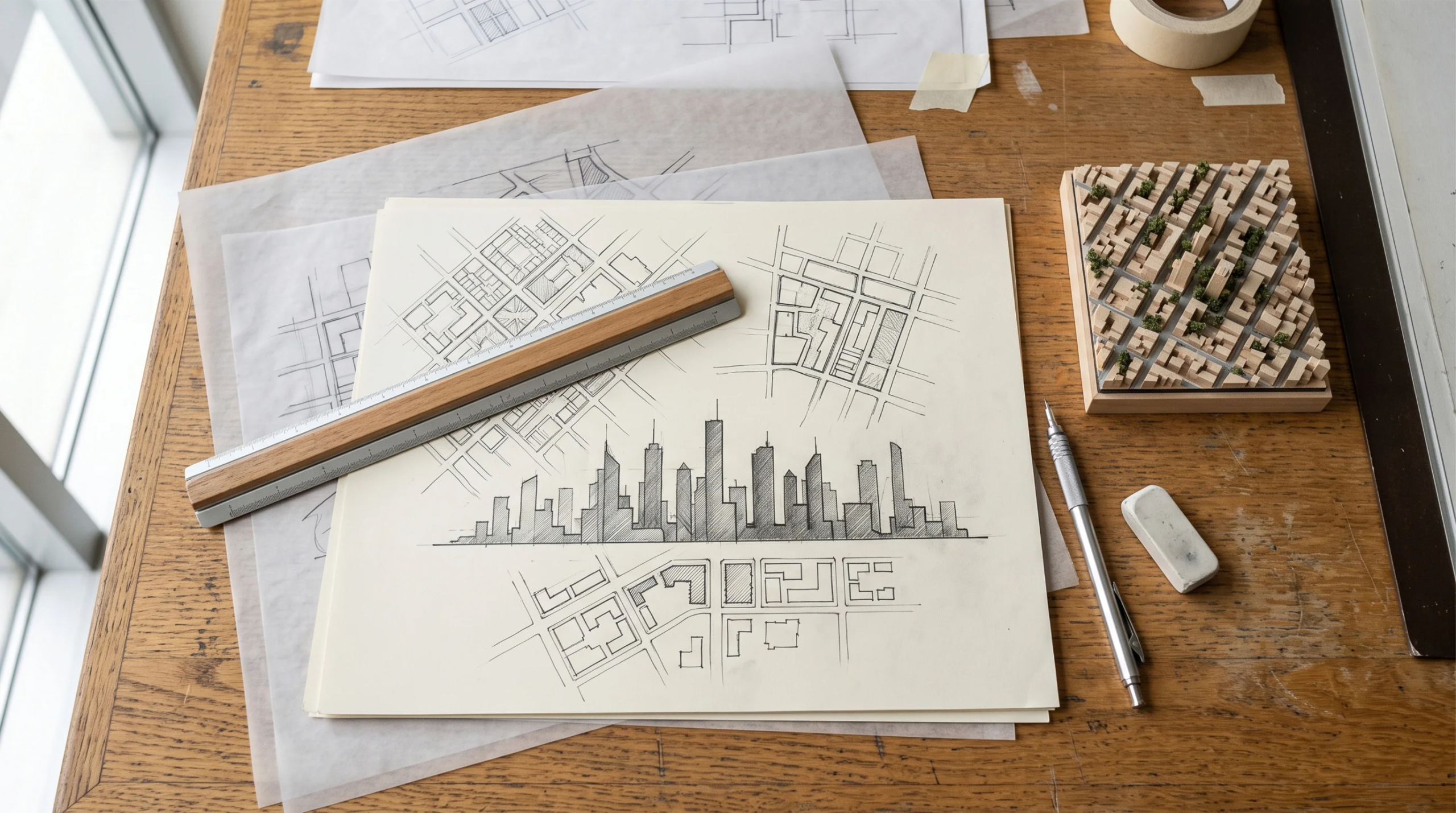 Vista de un espacio de trabajo de diseño arquitectónico con bocetos a mano de elevaciones urbanas, planos de cuadrícula del sitio, una regla de escala de madera, herramientas de dibujo y un modelo en miniatura sobre una mesa de trabajo de madera, origen conceptual y diseño a medida de RBA Residences en Zapopan.