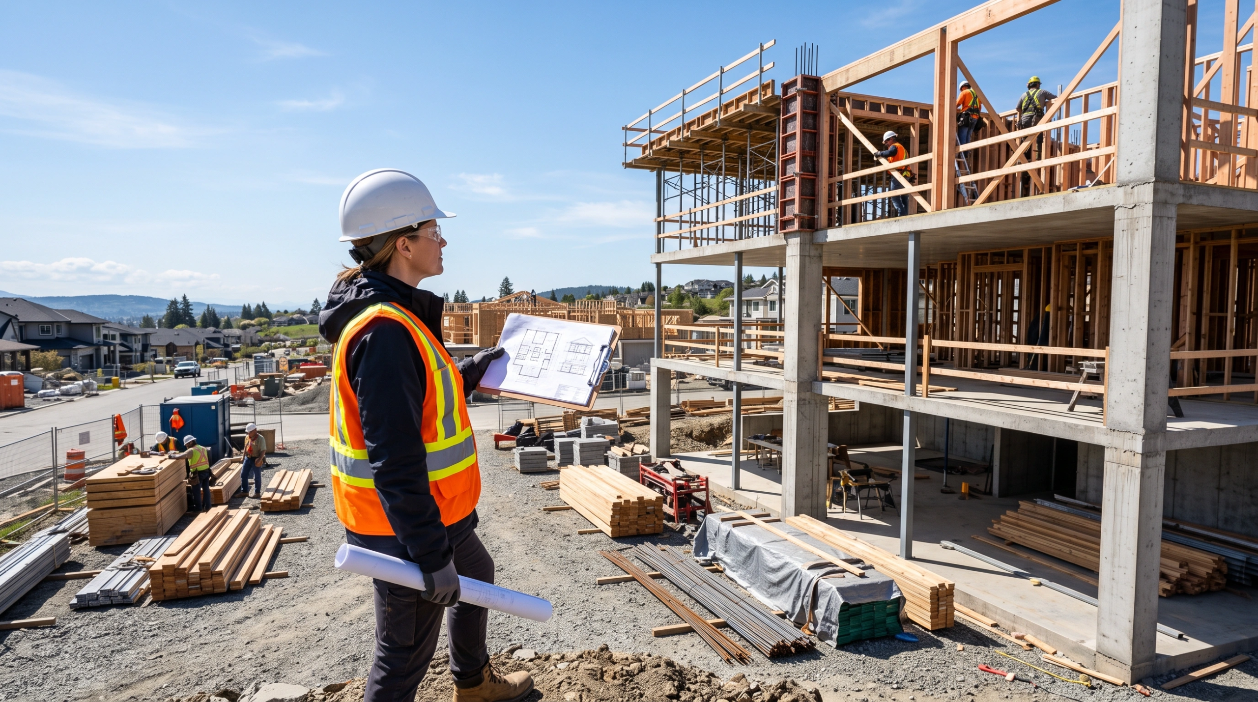 Supervisor de obra con planos, chaleco y casco revisando el avance del entramado estructural en un sitio de construcción residencial de varios niveles, supervisión vertical de RBA Residences en Zapopan.