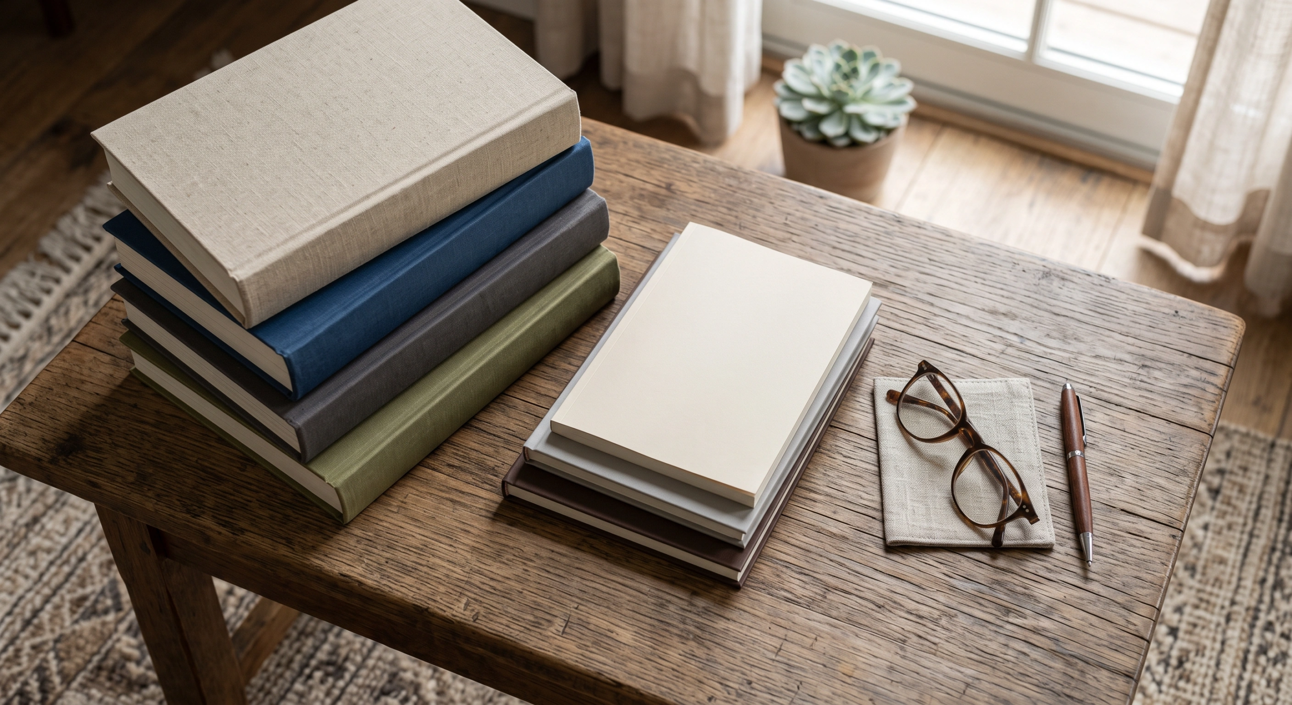 Fotografía interior de ángulo alto de una mesa de centro rústica de madera con libros de arquitectura de tapa dura apilados, cuaderno abierto, lentes de lectura de carey, pluma de lujo y suculenta en maceta cerca de una ventana iluminada por el sol, detalles curados de RBA Residences en Zapopan.