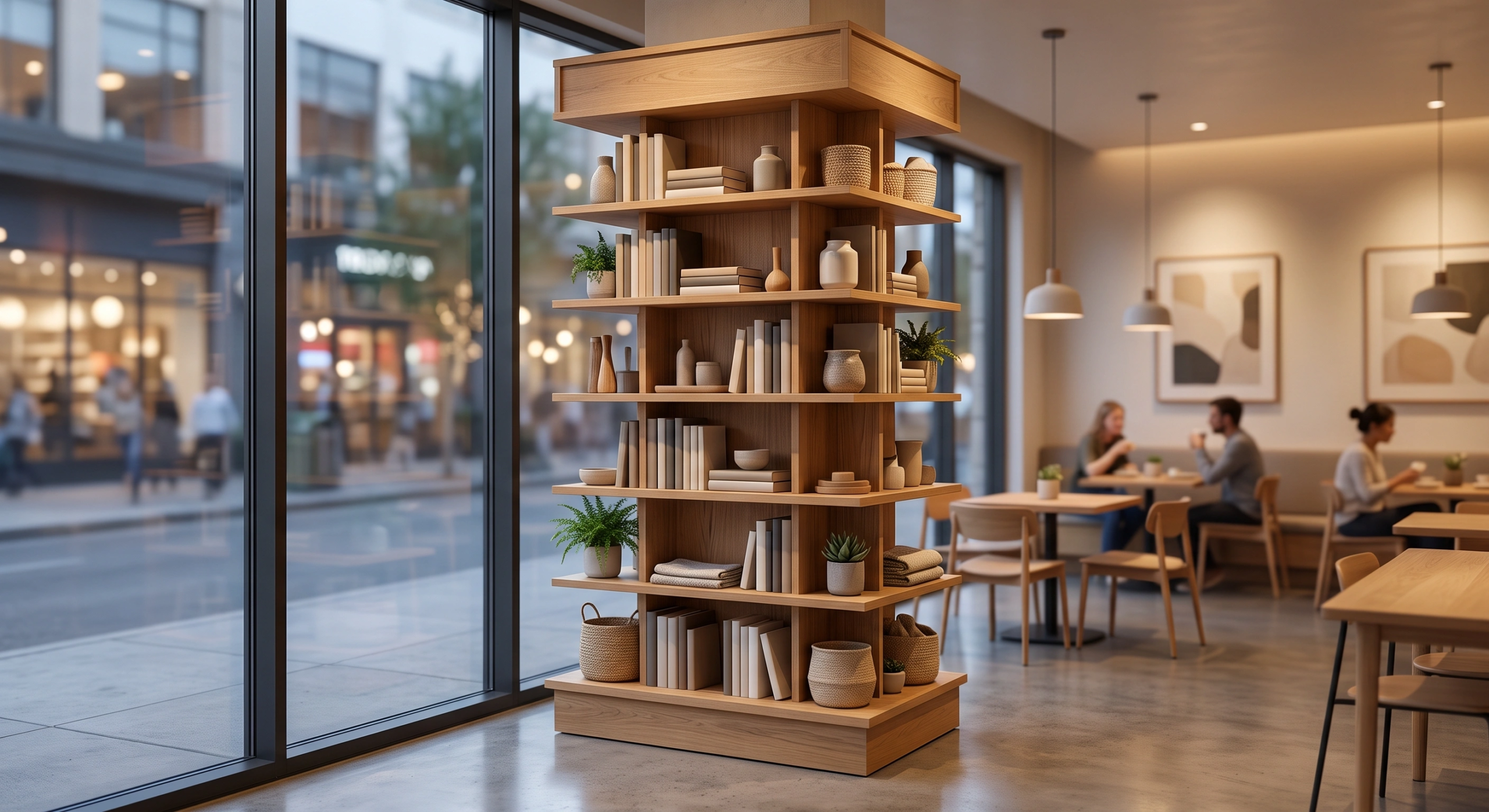 Fotografía arquitectónica de interiores de una cafetería de lujo moderna con columna central de librero de madera, ventanas de piso a techo, asientos minimalistas e iluminación colgante de ambiente cálido, diseño de amenidades de RBA Residences en Zapopan.