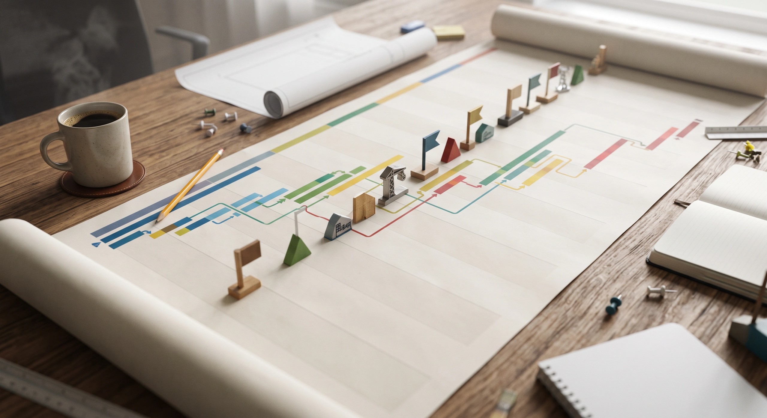 Vista de primer plano de un escritorio de planificación arquitectónica con un cronograma de proyecto de construcción desplegado, marcadores de banderas en miniatura, diagramas de Gantt codificados por colores y una taza de café, gestión de proyectos de RBA Residences en Zapopan.