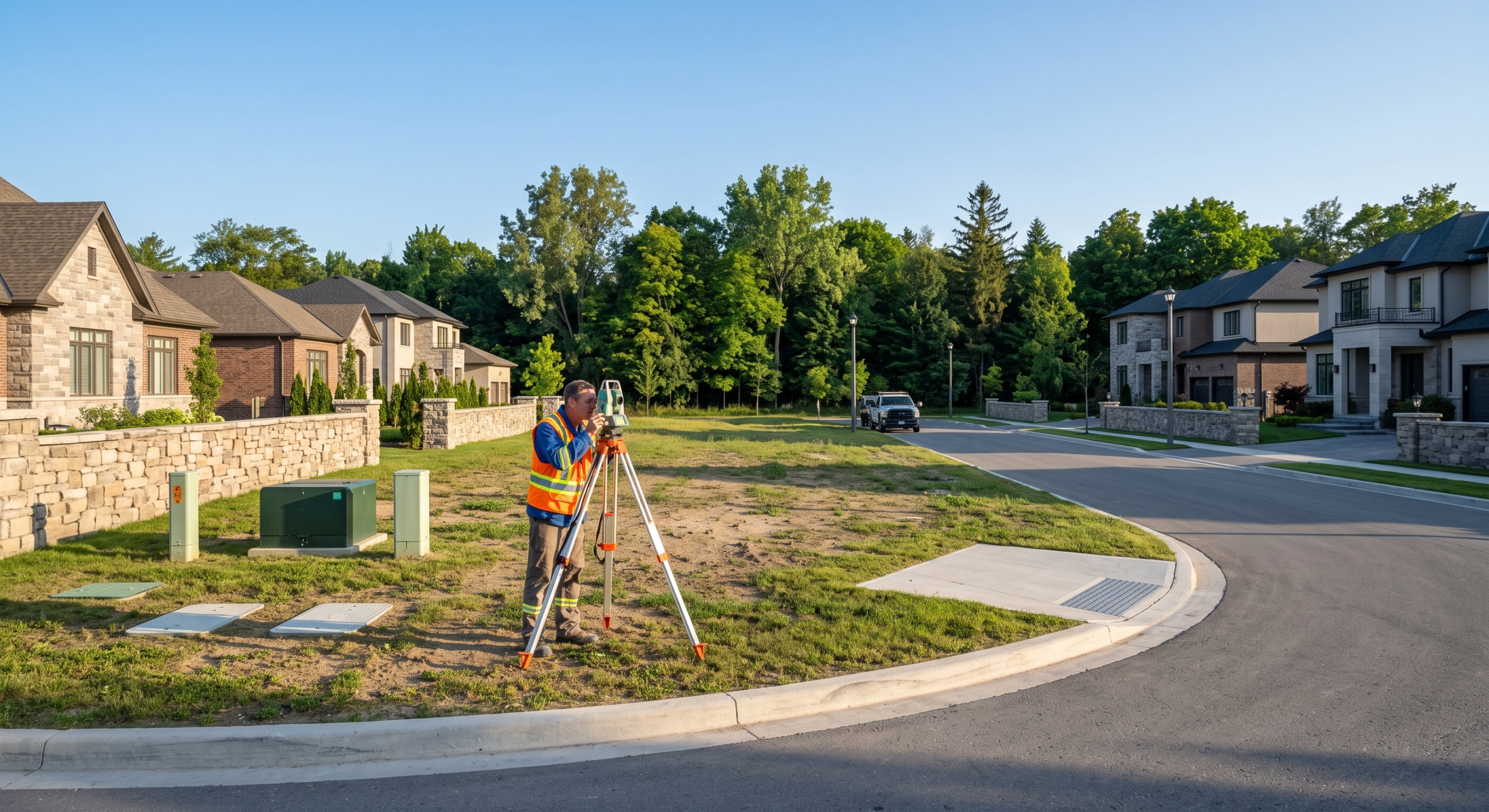 Topógrafo operando una estación total de medición de distancia electrónica sobre un trípode para mapear la topografía de un nuevo proyecto de desarrollo residencial de lujo, precisión topográfica de RBA Residences en Zapopan.