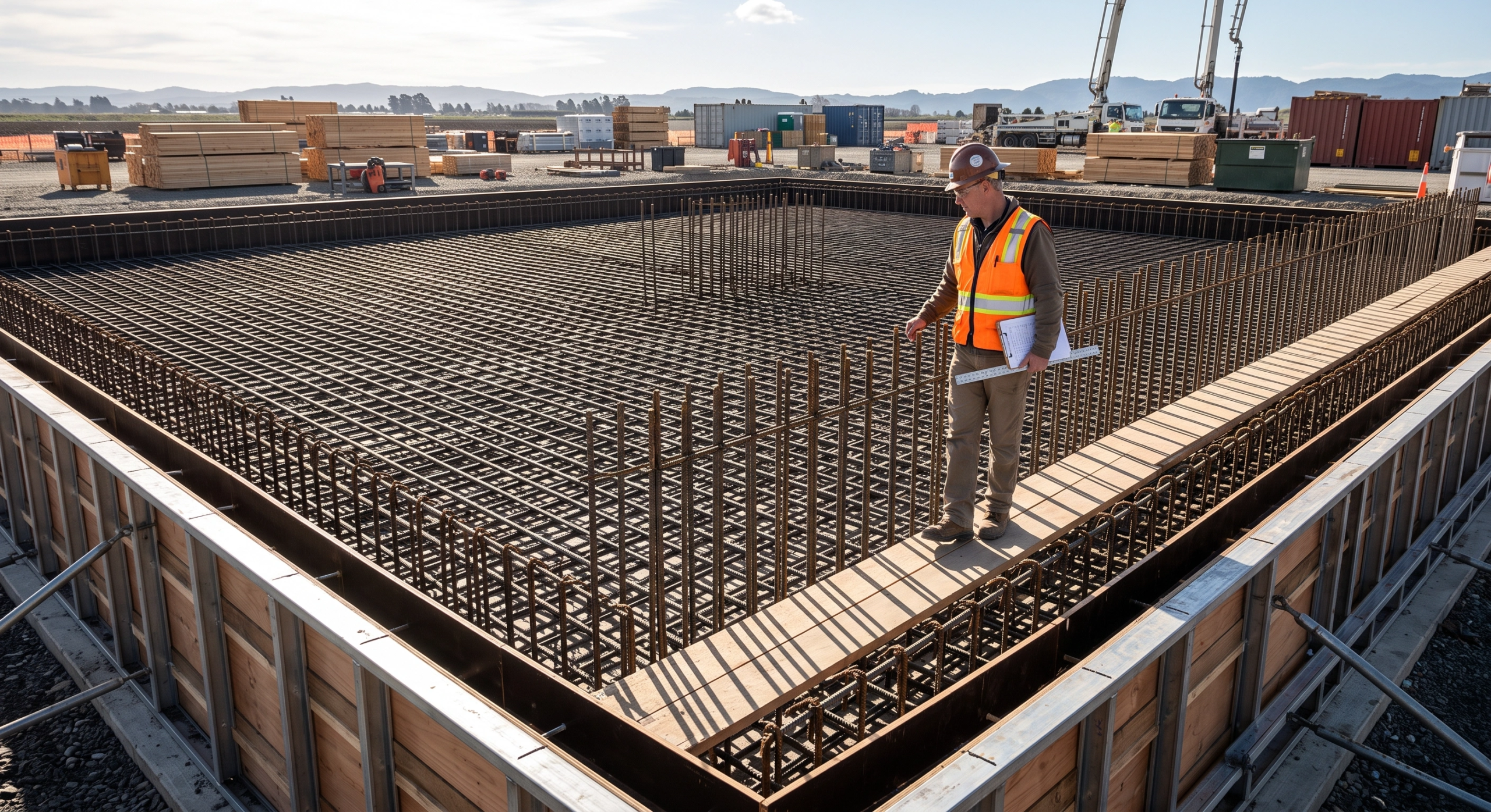 Ingeniero estructural inspeccionando la rejilla de refuerzo de acero y el encofrado de concreto en un gran sitio de cimentación residencial antes del colado, validación previa de RBA Residences en Zapopan.
