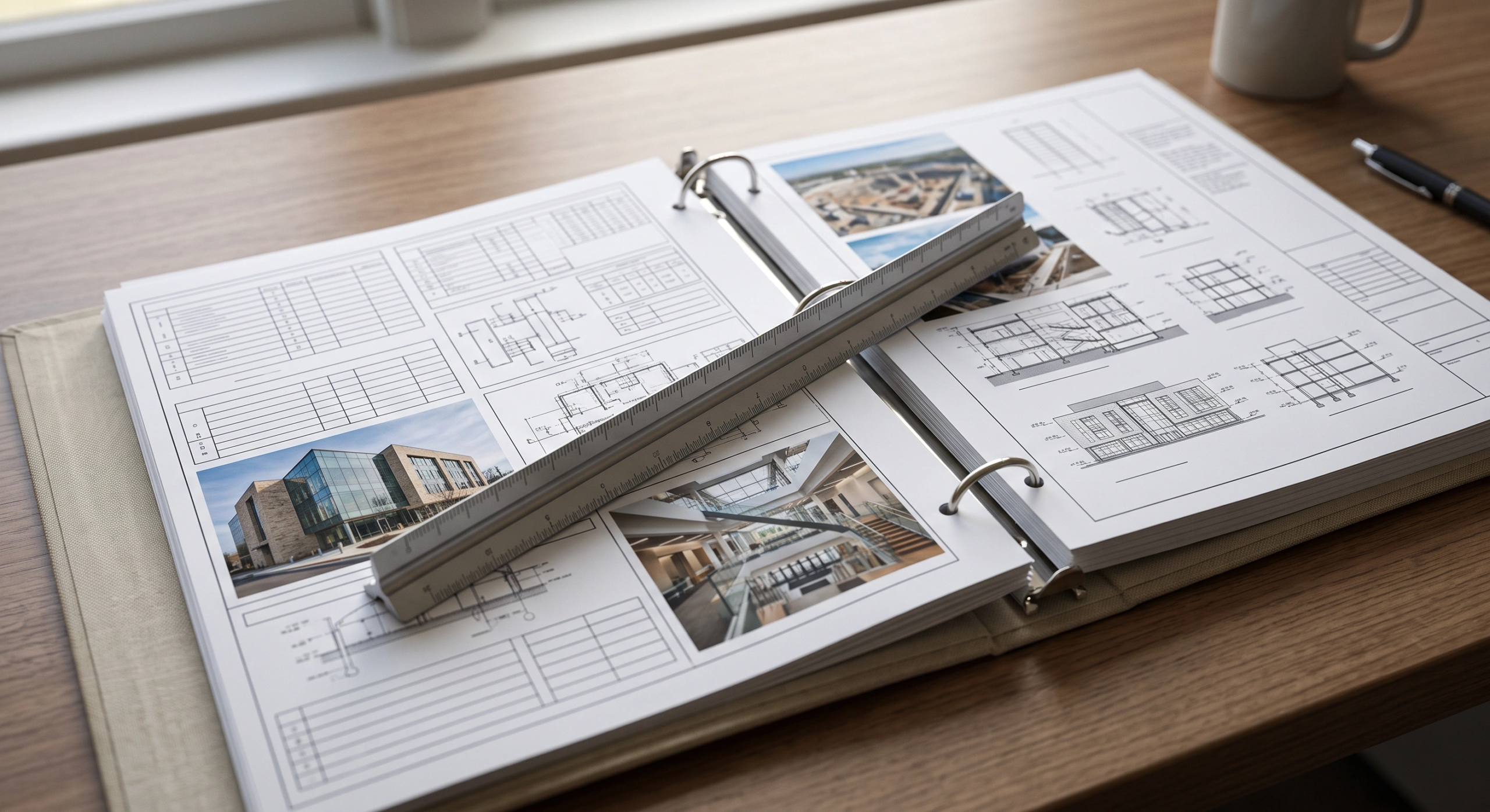 Primer plano de un portafolio arquitectónico abierto sobre un escritorio de madera con esquemas estructurales, impresiones de portafolio fotográfico, escalímetro y pluma, planificación de diseño de RBA Residences en Zapopan.