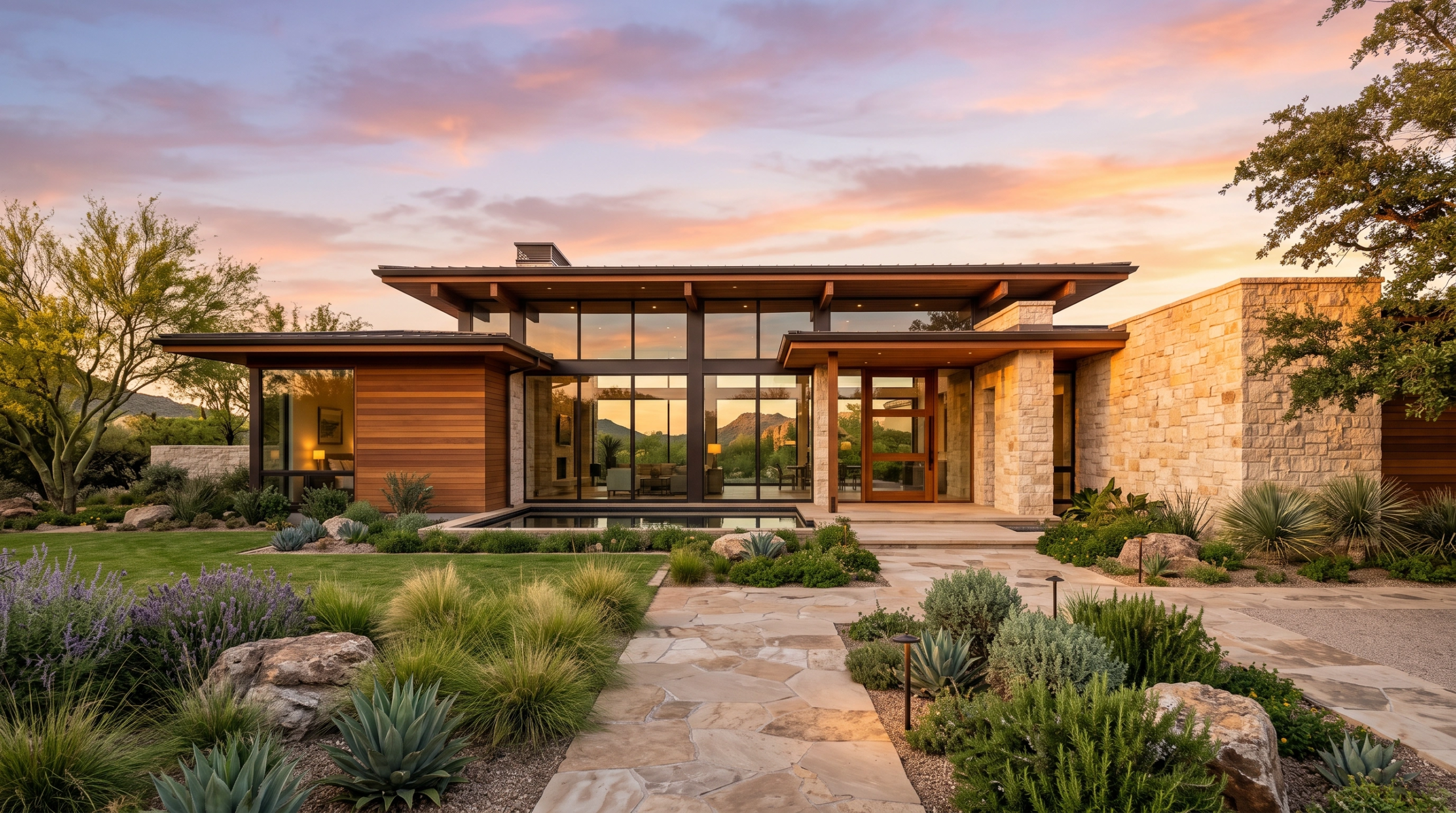 Fotografía arquitectónica al atardecer de una residencia moderna de lujo con revestimiento de madera horizontal, muros de piedra apilada, ventanales de piso a techo, sendero de piedra laja y paisajismo xerófilo desértico, diseño exterior de RBA Residences en Zapopan.