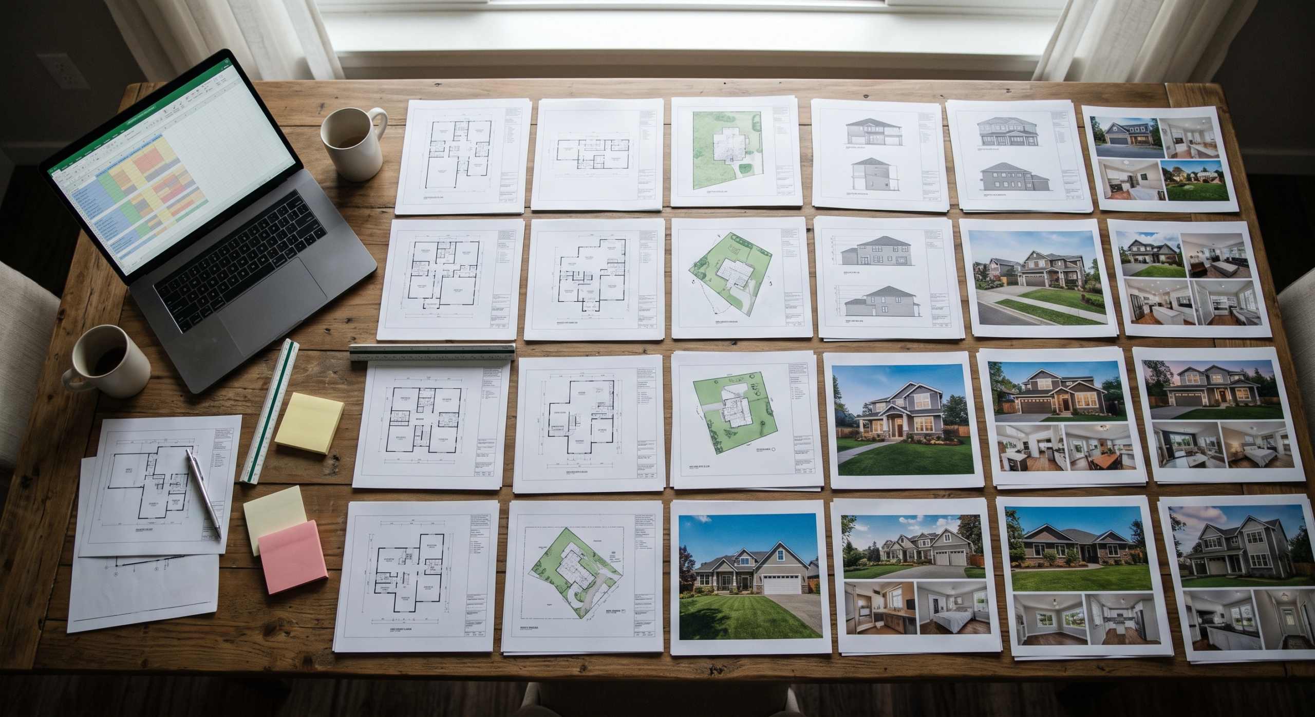Vista cenital de un escritorio arquitectónico con una cuadrícula de planos de planta residenciales, hojas de elevación, mapas del sitio, fotos de casas y una laptop abierta con hojas de cálculo de presupuesto, gestión integral de RBA Residences en Zapopan.