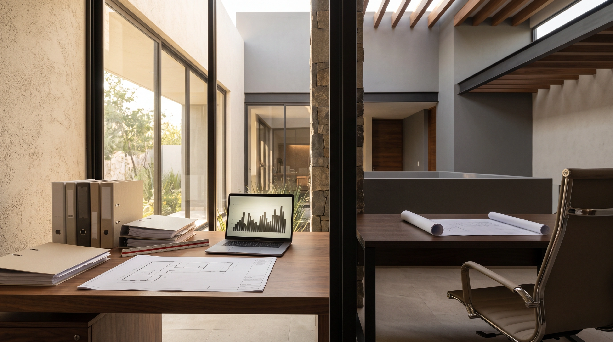 Fotografía arquitectónica de interiores de una oficina ejecutiva moderna en casa con dos escritorios de madera, planos impresos, laptop con gráficos de rendimiento financiero y particiones de vidrio de piso a techo con vista a un patio al aire libre, espacio de trabajo de RBA Residences en Zapopan.