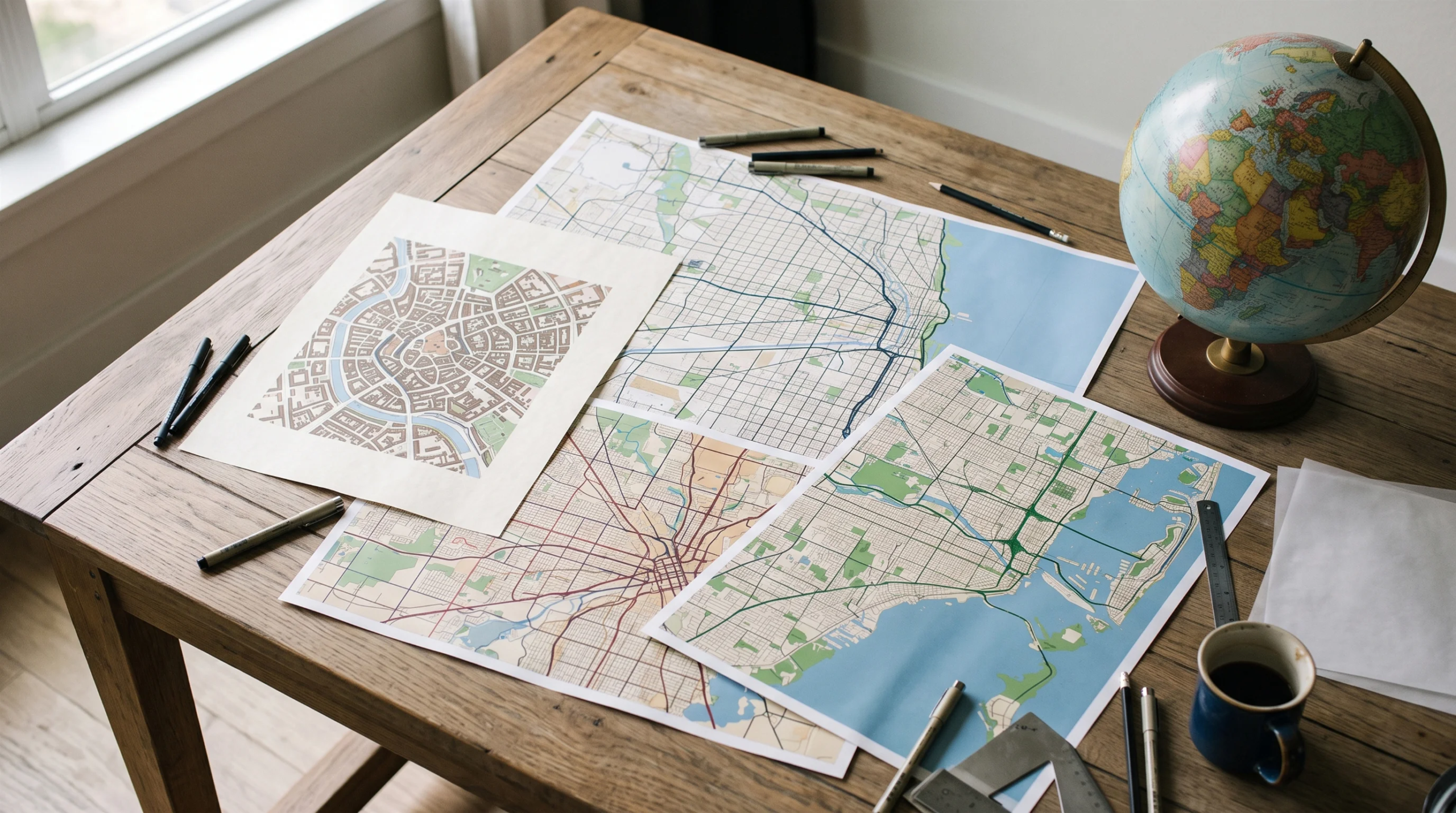 Vista cenital de un banco de trabajo de dibujo arquitect&oacute;nico con mapas de zonificaci&oacute;n urbana, planos de transporte regional y esquemas de sitio sobre una mesa de madera r&uacute;stica, incluyendo herramientas de dibujo, plumas t&eacute;cnicas, regla de escala triangular, globo terr&aacute;queo de escritorio, papel vegetal y una taza de caf&eacute; junto a un marco de ventana soleado, visi&oacute;n estrat&eacute;gica de RBA Residences en Zapopan.