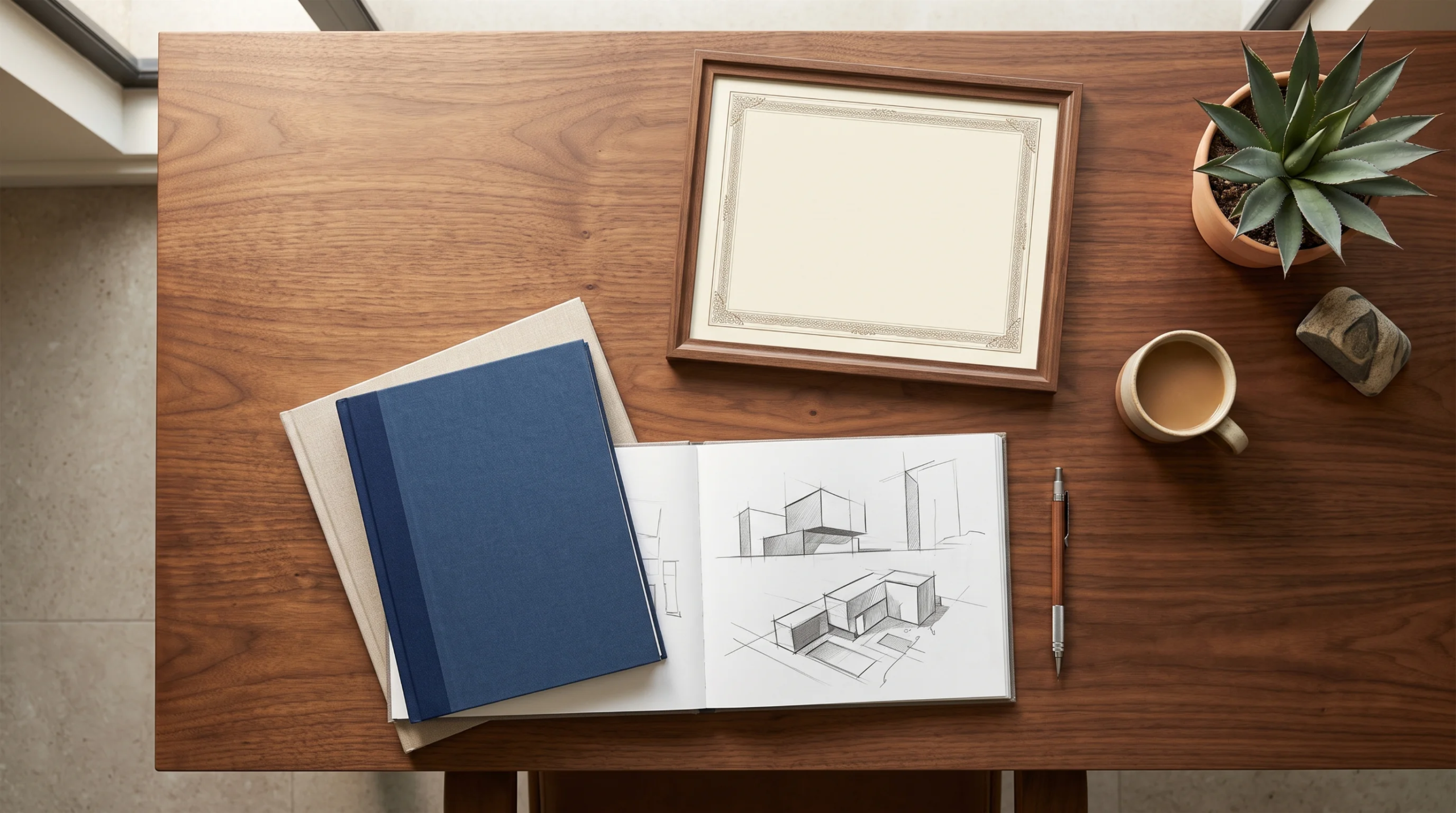 Vista de un libro de dise&ntilde;o arquitect&oacute;nico sobre una mesa, acompa&ntilde;ado de una taza de t&eacute; al costado, representando la revisi&oacute;n contemplativa y el enfoque meticuloso en los detalles de RBA Residences en Zapopan.