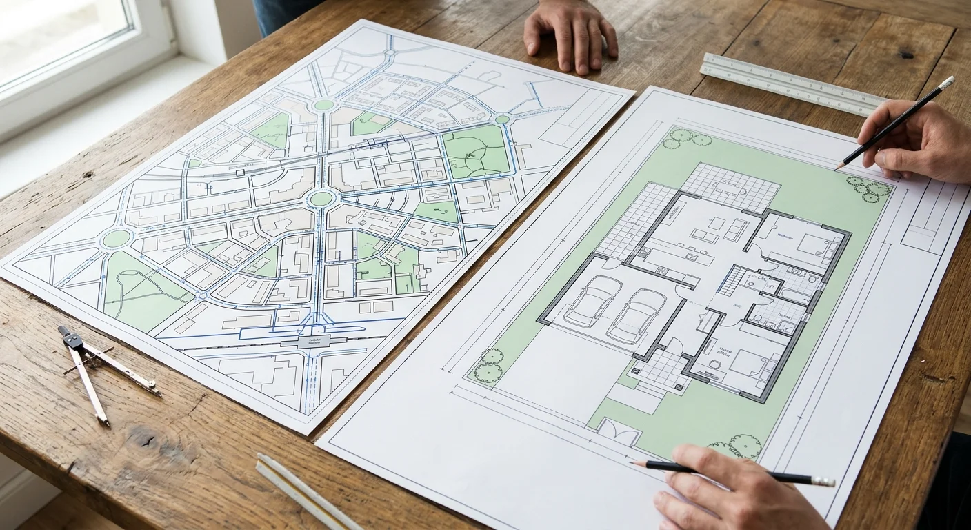 Vista cenital de arquitectos colaborando alrededor de una mesa de dibujo de madera rústica en un estudio luminoso, con un plan maestro urbano detallado y un plano arquitectónico residencial granular (garaje, habitaciones, jardín), manos señalando medidas con regla y compás bajo luz matutina, representando la precisión macro-micro y la integración holística de RBA Residences en Zapopan.