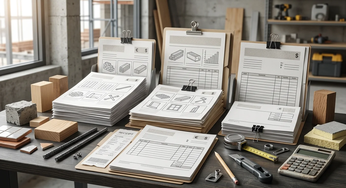 Vista a nivel de mesa en una oficina de gestión de obra o taller, con tres portapapeles con facturas, estimaciones de costos y catálogos de materiales sobre un banco de trabajo de madera oscura, acompañados de varillas, muestras de cerámica, bloques de madera, concreto, cinta métrica y calculadora, con estanterías industriales y ventanas iluminadas al fondo, representando el control de costos granular y la especificación técnica de materiales de RBA Residences en Zapopan.