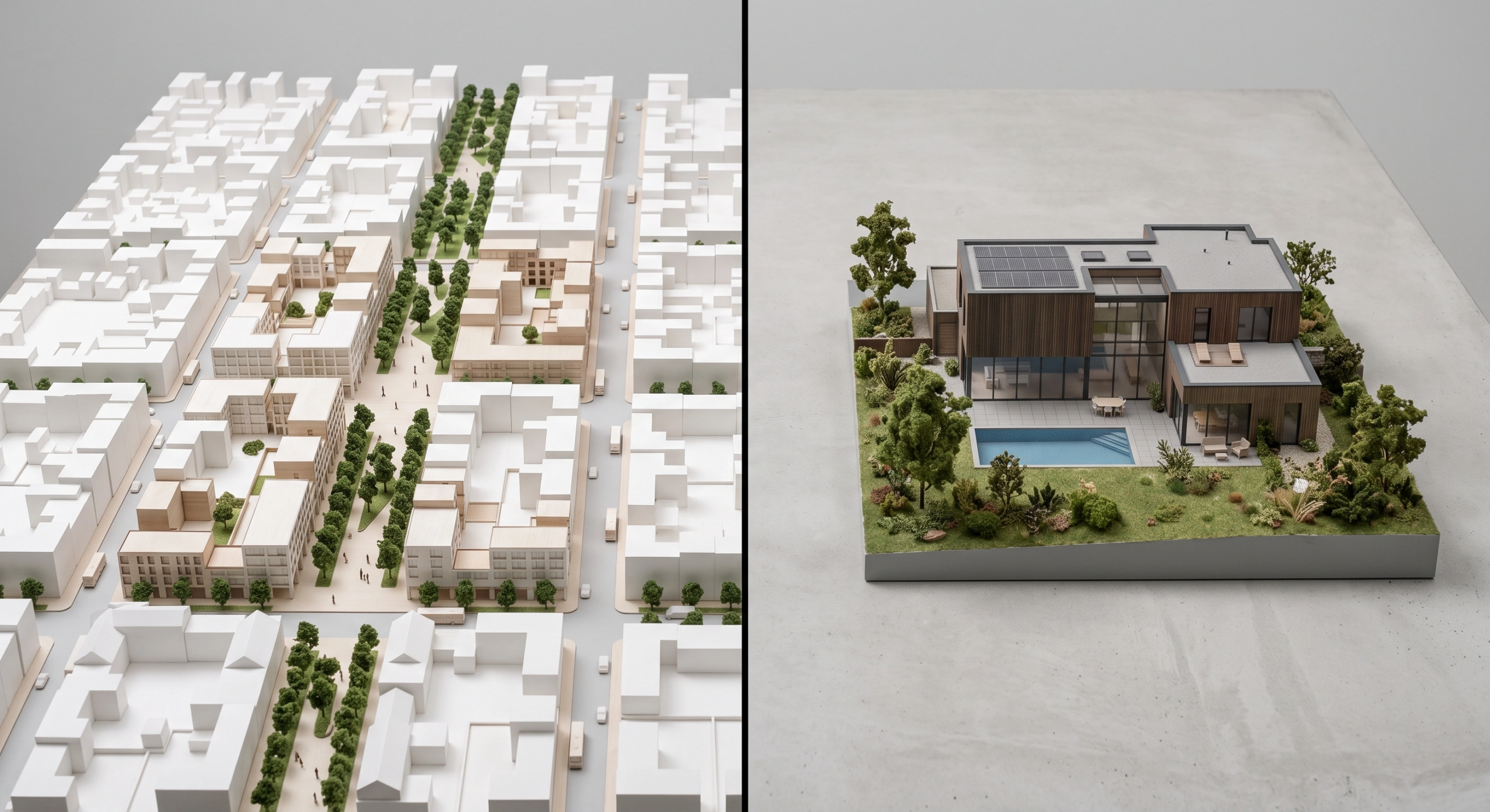 Vista de pantalla dividida contrastando una maqueta urbana a gran escala de espuma blanca con manzanas y bulevar arbolado a la izquierda, contra un modelo arquitectónico detallado de una residencia de lujo moderna con revestimiento de madera, paneles solares, alberca y jardín paisajístico a la derecha, visión integral de RBA Residences en Zapopan.
