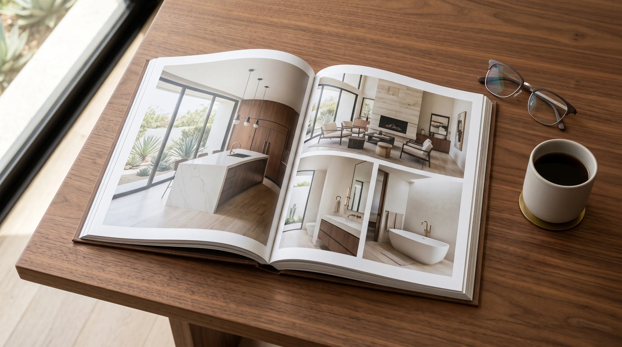 Vista de un libro de portafolio arquitect&oacute;nico de tapa dura abierto sobre una mesa de madera de nogal lisa, mostrando dise&ntilde;os de interiores a color con cocinas modernas, salas de doble altura y ba&ntilde;os de lujo. Unas gafas de lectura de alambre descansan junto a una taza de caf&eacute; de cer&aacute;mica sobre un posavasos de lat&oacute;n, junto a una ventana de vidrio de altura completa con luz natural, experiencia de consulta de RBA Residences en Zapopan.