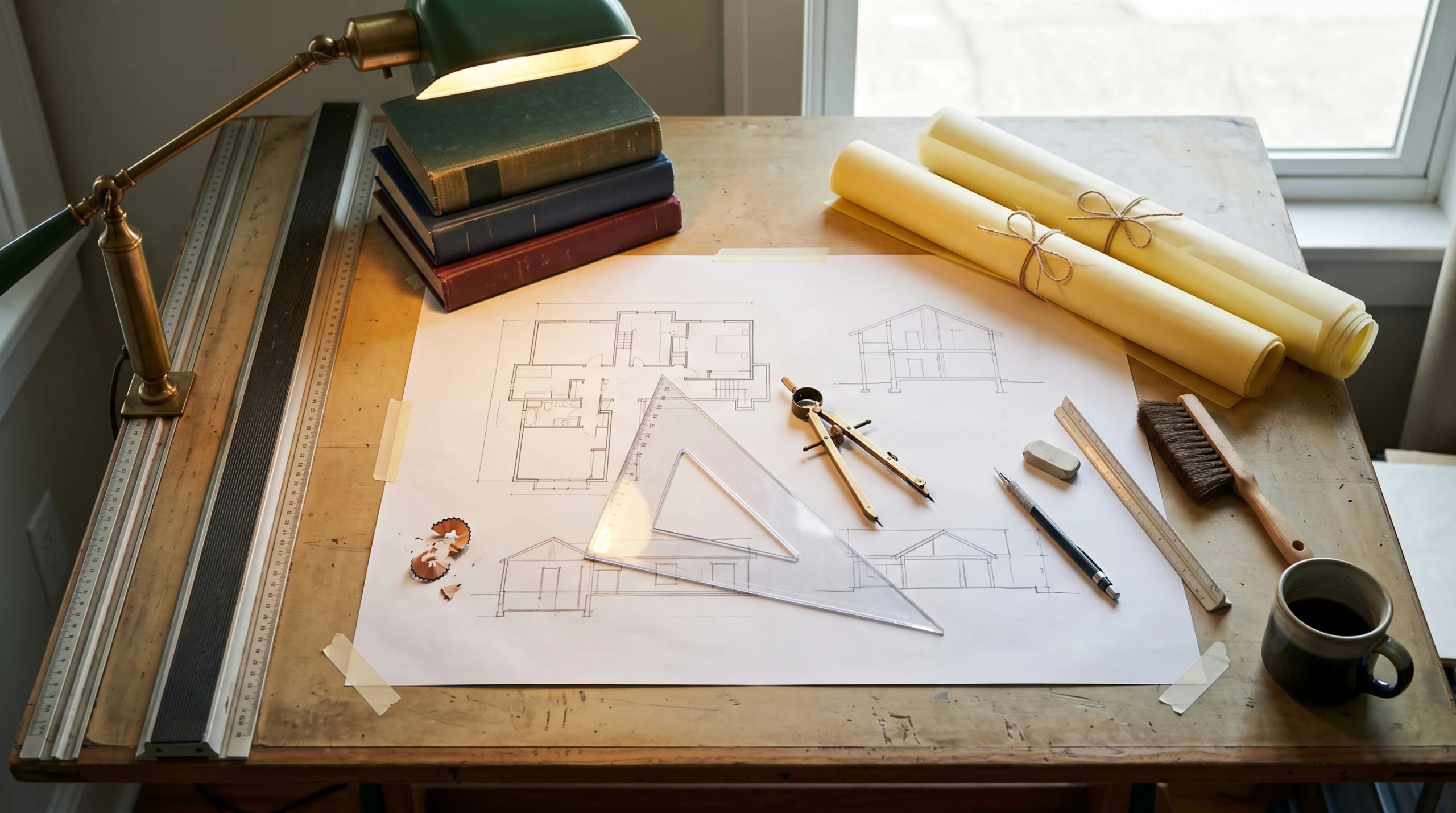 Vista cenital de una mesa de dibujo anal&oacute;gica con regla paralela, con planos de planta, elevaciones exteriores y secciones estructurales dibujados a mano sobre una superficie de madera. Instrumentos de dibujo como escuadra transparente, comp&aacute;s de lat&oacute;n, portaminas, borrador, regla met&aacute;lica y brocha para polvo, junto a rollos de vitela, libros encuadernados bajo una l&aacute;mpara de escritorio de lat&oacute;n y una taza de caf&eacute;, artesan&iacute;a arquitect&oacute;nica de RBA Residences en Zapopan.