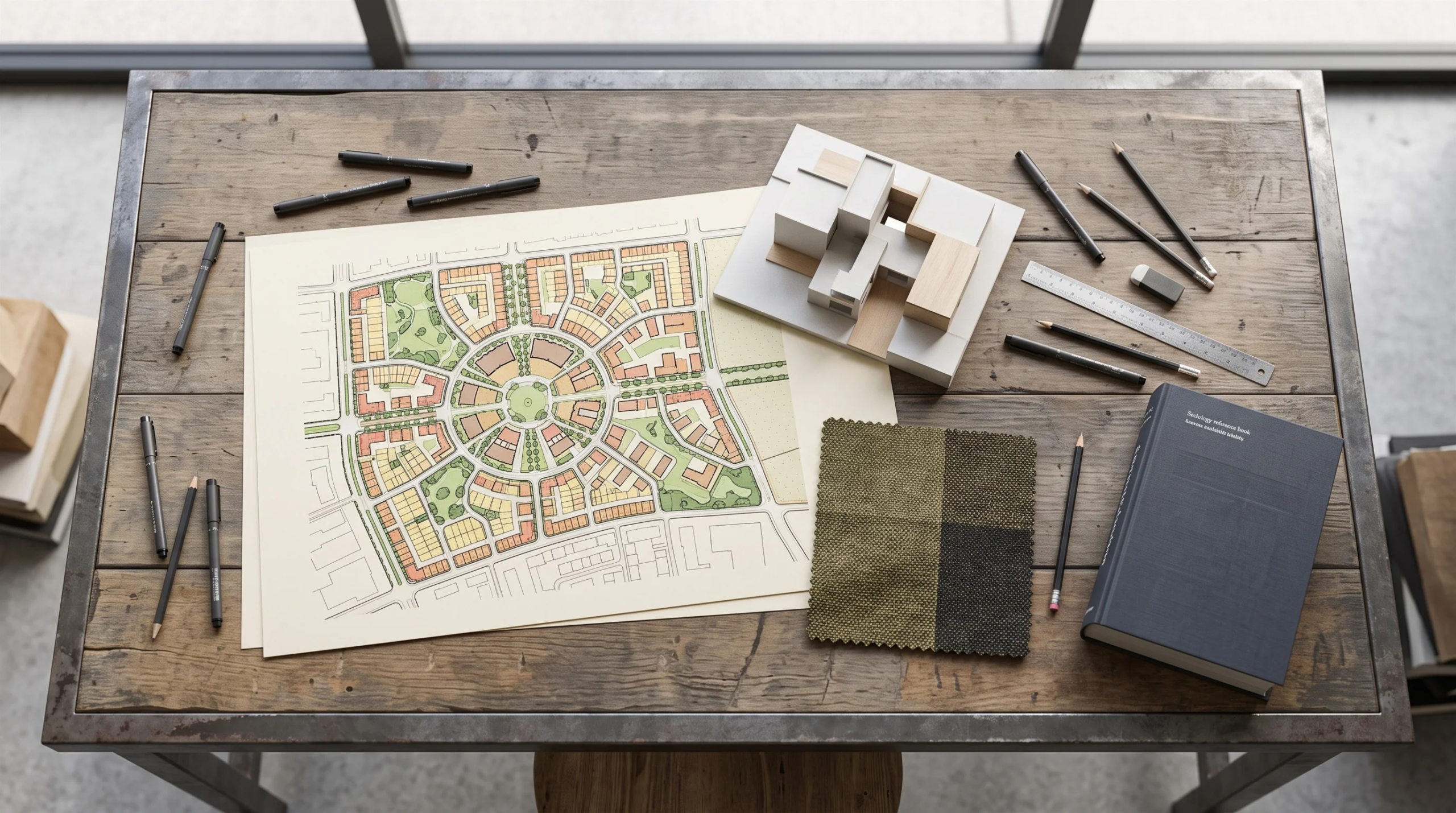 Vista cenital de una estaci&oacute;n de trabajo arquitect&oacute;nica sobre una mesa de madera recuperada con marco de acero industrial, mostrando un plano de sitio urbano renderizado a color, un modelo arquitect&oacute;nico volum&eacute;trico en miniatura de espuma y madera balsa, una muestra textil de cuatro cuadrantes en oliva y carb&oacute;n, un libro de referencia encuadernado en tela oscura, regla de acero inoxidable, l&aacute;pices de grafito, marcadores de dibujo de punta fina y un borrador, metodolog&iacute;a de dise&ntilde;o de RBA Residences en Zapopan.