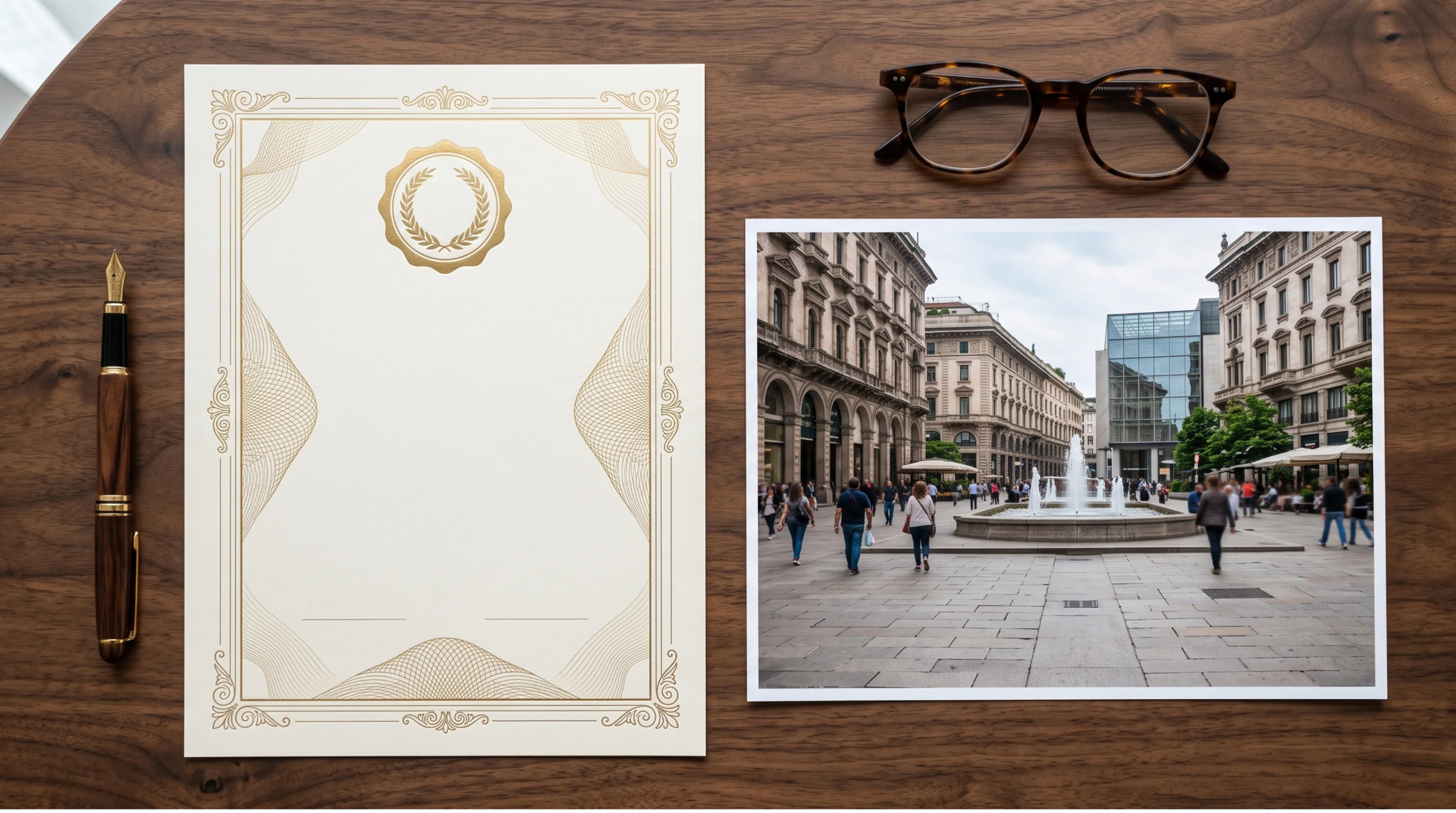 Vista de una superficie de mesa de nogal pulido oscuro con un documento de certificado ornamental en blanco con detalles de borde de l&aacute;mina de oro y un emblema de cresta de hoja central. Junto a &eacute;l, una pluma fuente de madera con acentos dorados, gafas de concha de tortuga y una impresi&oacute;n fotogr&aacute;fica brillante de una plaza de ciudad europea con arcadas de piedra, fuente central, edificios de fachada cl&aacute;sica y estructuras modernas bajo luz diurna suave, excelencia certificada de RBA Residences en Zapopan.
