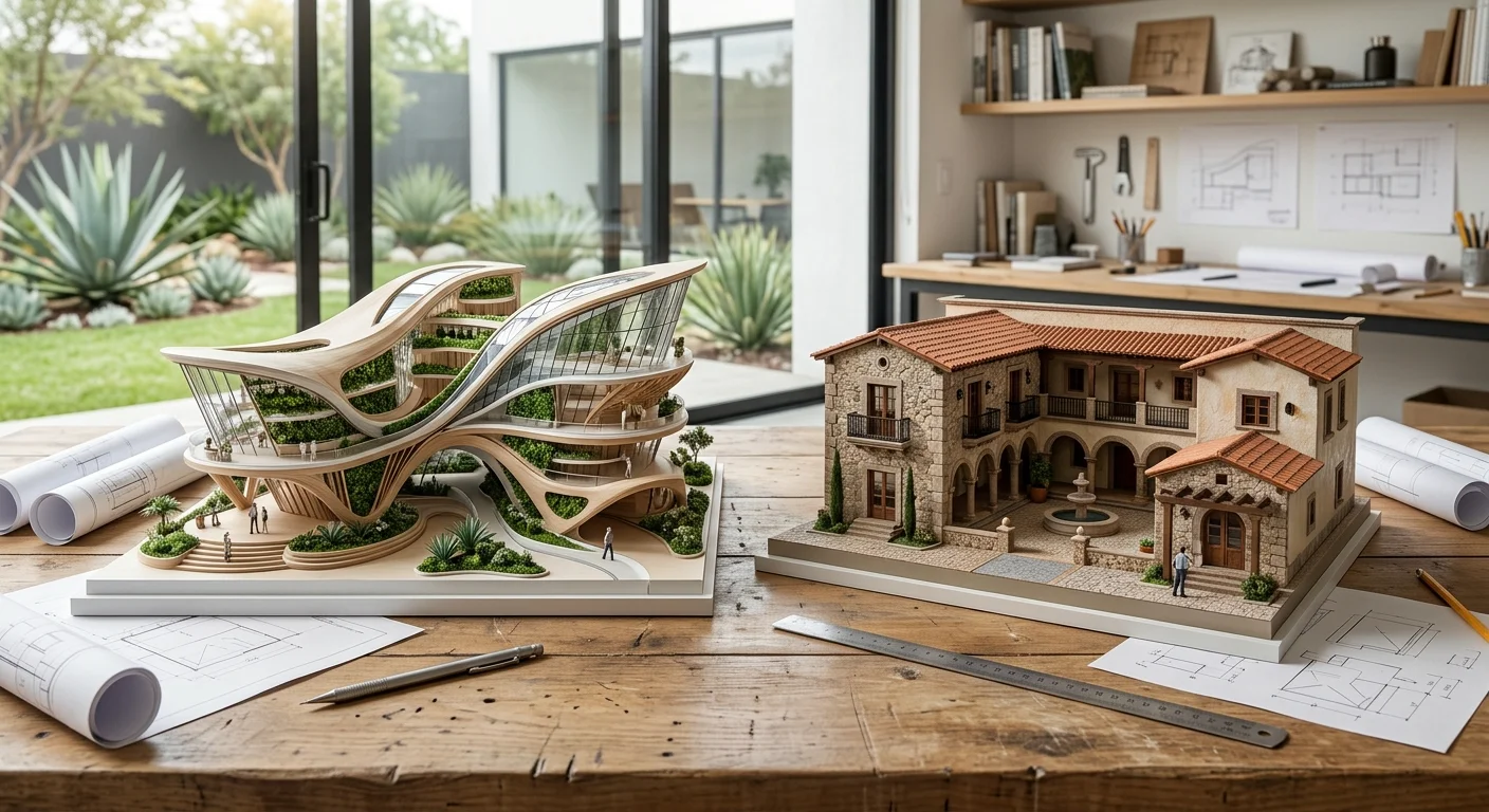 Vista de un espacio de trabajo con dos maquetas a escala en una mesa de madera: una estructura ecológica paramétrica futurista de vidrio y madera, junto a una residencia clásica de estilo colonial español con piedra y tejas, rodeadas de planos y herramientas, con vista a un paisaje de agaves, representando la versatilidad estilística y el dominio arquitectónico de RBA Residences en Zapopan.