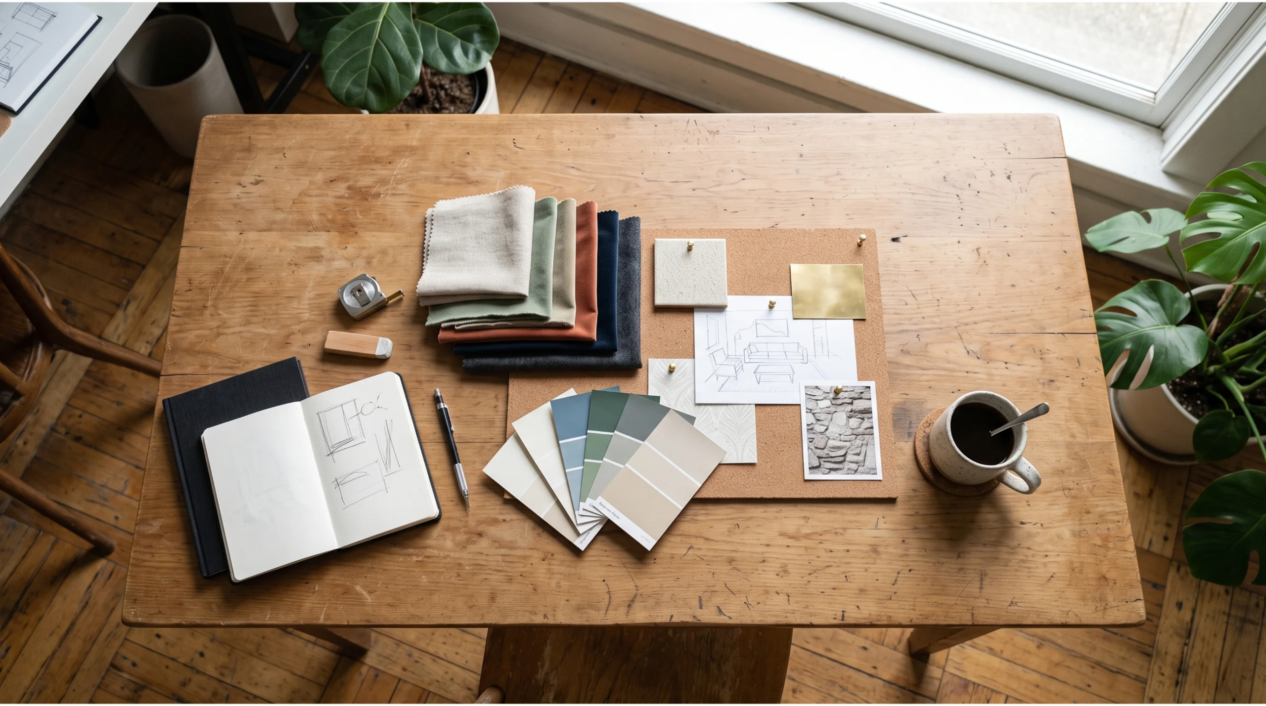 Vista cenital de una estación de diseño de interiores sobre un escritorio de madera, con muestras de telas, muestrarios de colores de pintura, bocetos fijados en un tablero de corcho, cuaderno abierto, herramientas de dibujo y una taza de café junto a una planta de monstera, curaduría de interiores de RBA Residences en Zapopan.