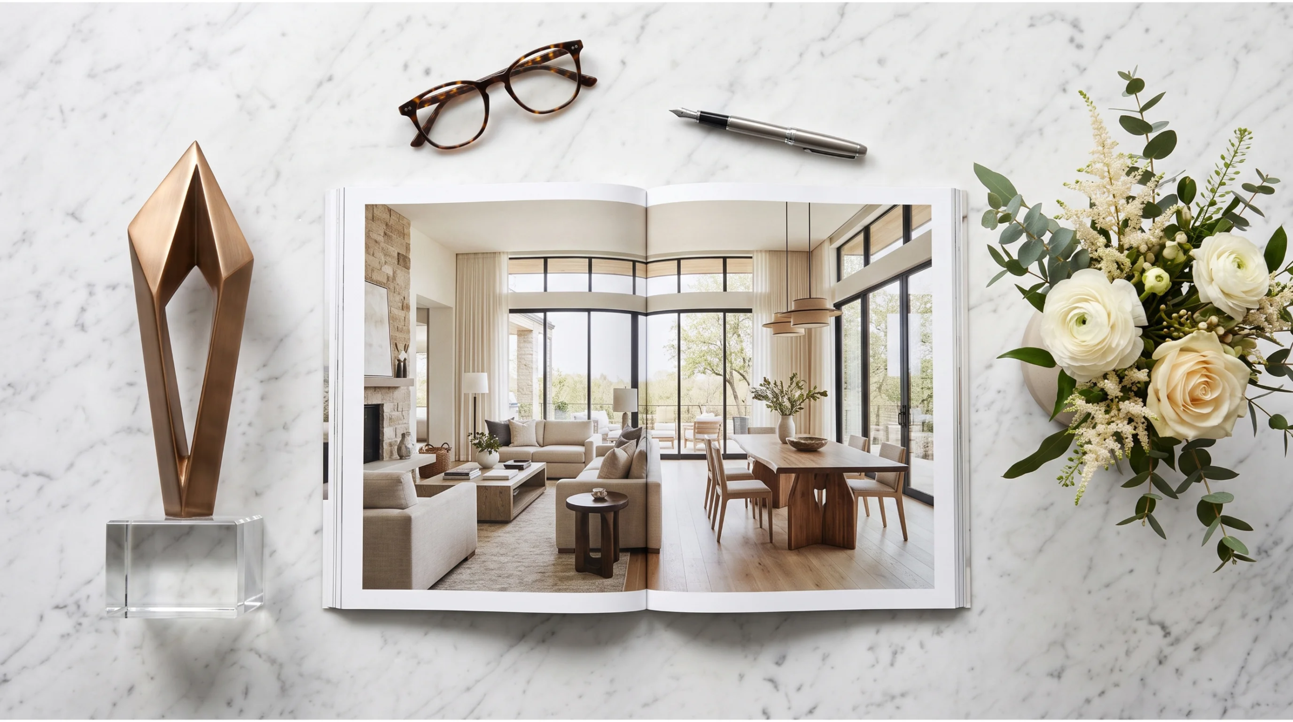 Vista cenital de una escena flat-lay sobre una superficie de m&aacute;rmol blanco, con una revista de dise&ntilde;o de interiores abierta mostrando un espacio de sala y comedor de doble altura. La composici&oacute;n incluye un trofeo de dise&ntilde;o de bronce geom&eacute;trico sobre base de cristal, gafas de concha de tortuga, una pluma elegante y un arreglo floral con rosas blancas y eucalipto, reconocimiento de dise&ntilde;o de RBA Residences en Zapopan.