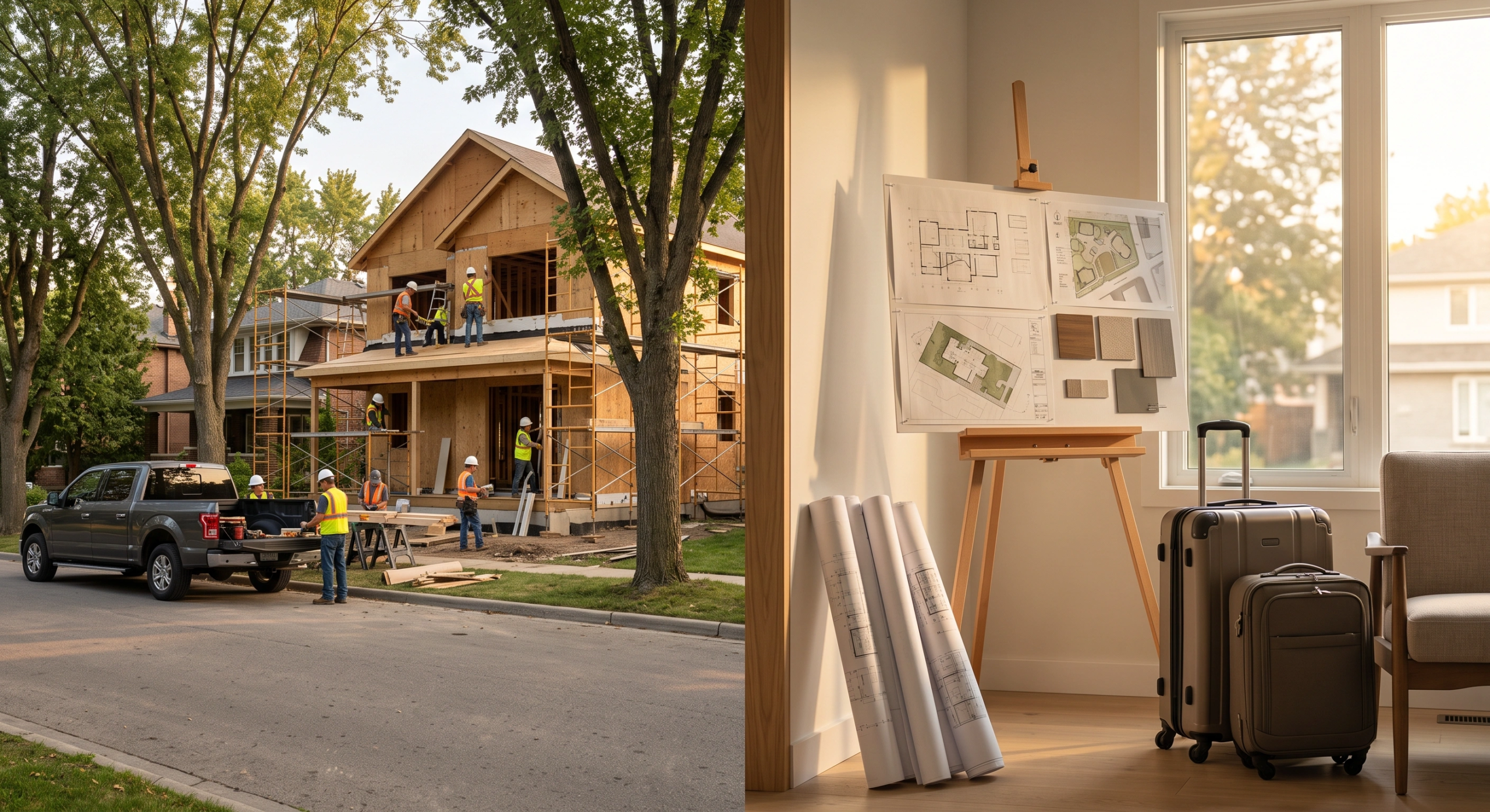 Vista de pantalla dividida yuxtaponiendo un sitio activo de construcción residencial suburbana con trabajadores, andamios y camioneta a la izquierda, contra una presentación interior con planos arquitectónicos y muestras de materiales en un caballete de madera, planos enrollados y equipaje junto a una ventana iluminada por el sol a la derecha, servicio integral de RBA Residences en Zapopan.
