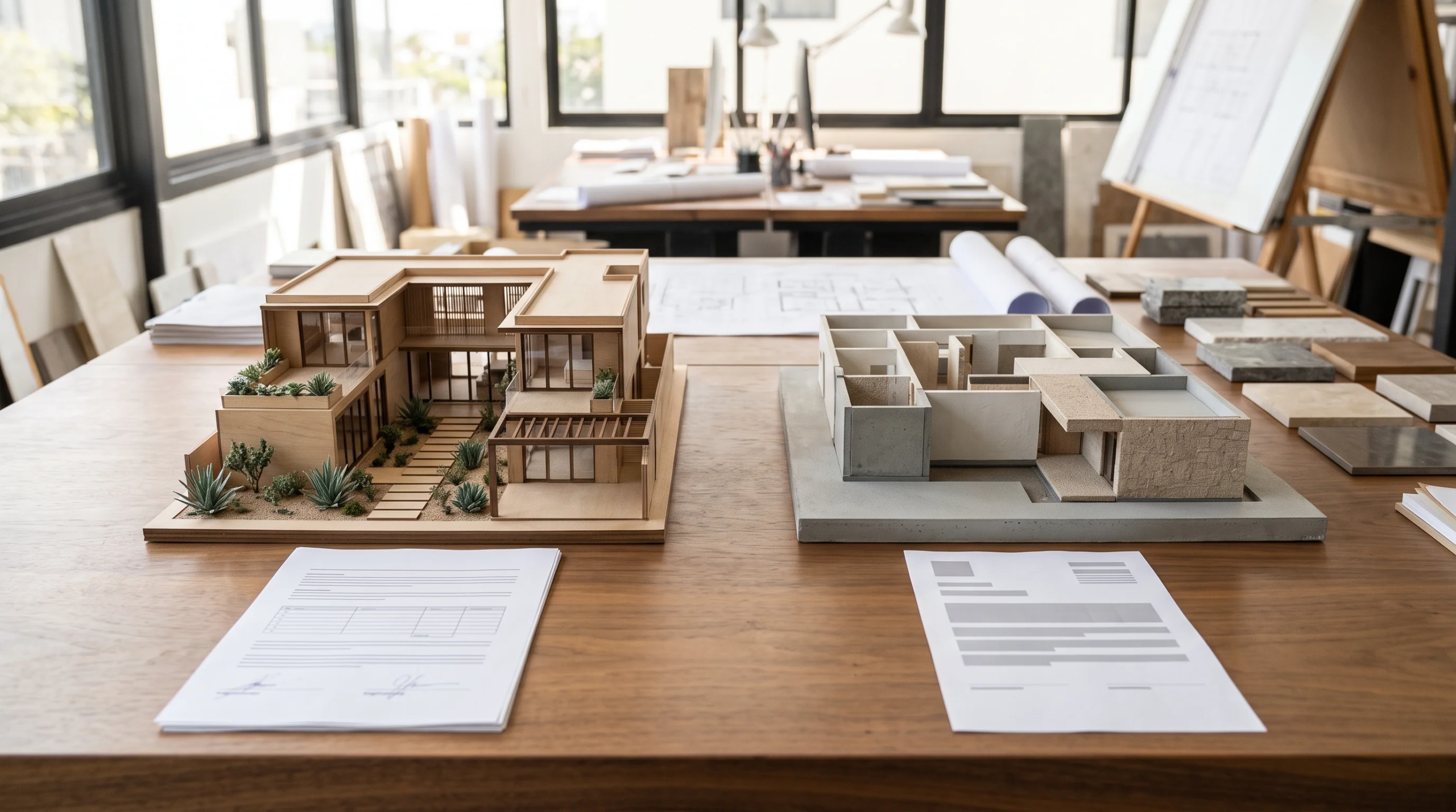 Vista de arquitectos en una oficina iluminada revisando planos sobre una mesa de madera, con maquetas y muestras en primer plano, y una vista a trav&eacute;s de la ventana de una ic&oacute;nica torre de reloj hist&oacute;rica de ladrillo y arquitectura patrimonial bajo un cielo azul, representando la inspiraci&oacute;n en hitos urbanos y el dise&ntilde;o de calidad monumental de RBA Residences en Zapopan.