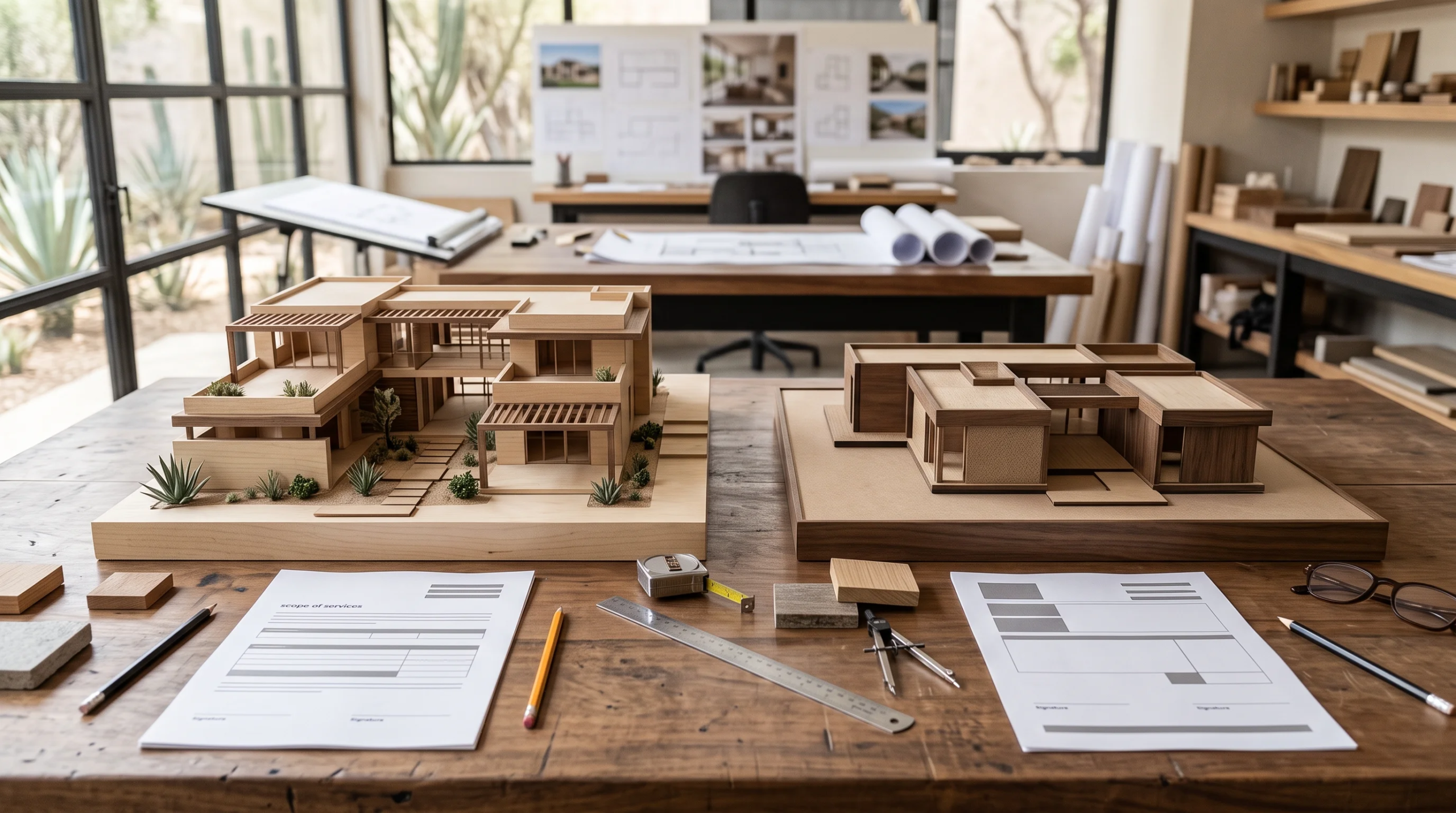 Vista en ángulo alto de un banco de trabajo de diseño con maquetas a escala detalladas de residencias de lujo en madera de balsa y nogal, planos, documentos de alcance, herramientas de medición, compás, lápices y lentes, con un fondo desenfocado de ventanas grandes, vegetación exterior, tableros de inspiración y estantes de muestras de madera, representando el ecosistema de diseño holístico y el prototipado de materiales nobles de RBA Residences en Zapopan.