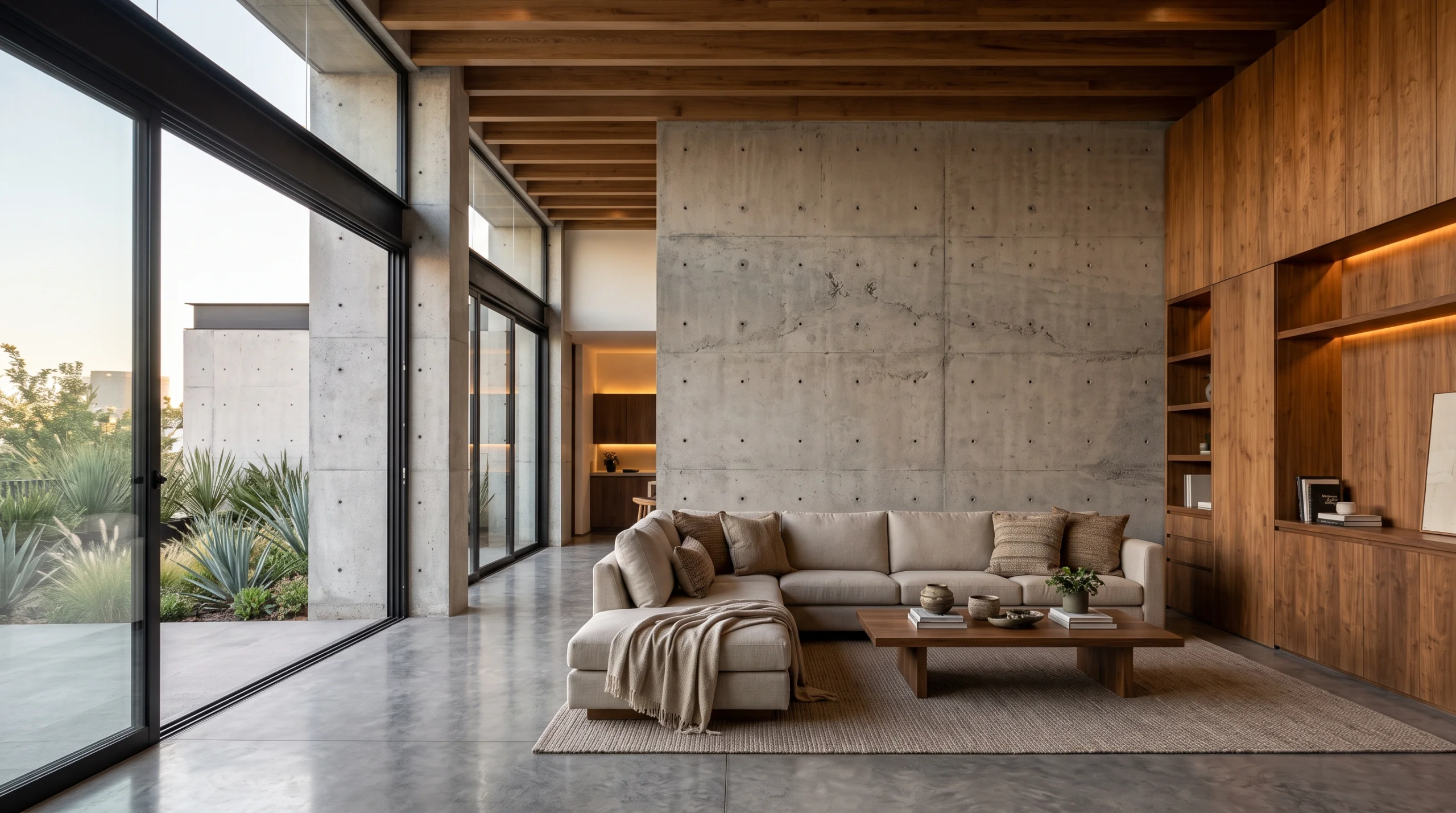 Vista interior fotorrealista de una sala de estar moderna de lujo con pisos de concreto pulido, muro de concreto crudo, gabinetes de nogal con iluminación LED, vigas de madera y puertas de vidrio de piso a techo hacia una terraza con agaves, decorada con sofá blanco hueso y alfombra de yute, representando la profundidad táctil y la transición interior-exterior de RBA Residences en Zapopan.