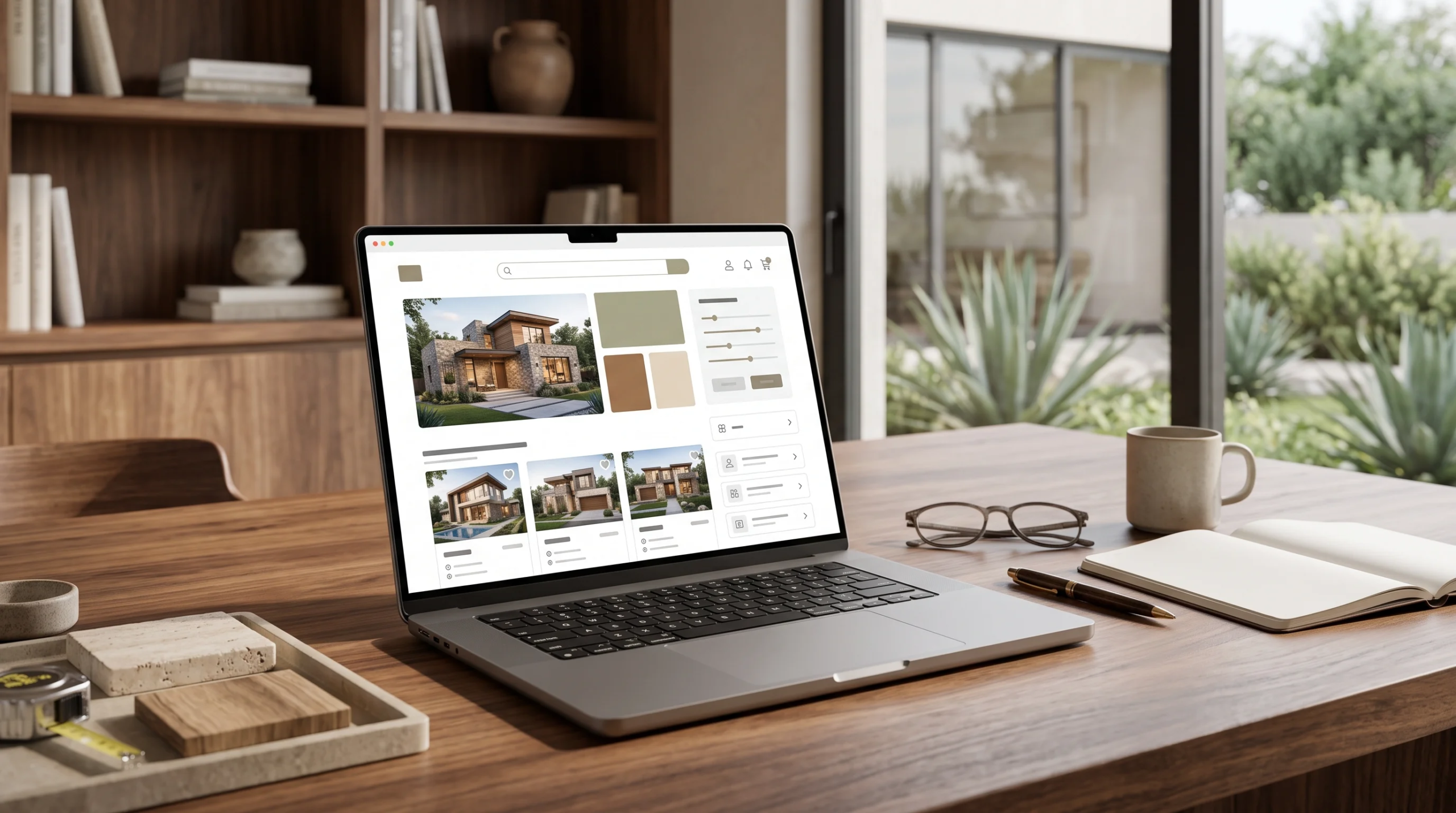Vista en tres cuartos de primer plano de una laptop moderna sobre un escritorio ejecutivo de nogal en un estudio arquitectónico de lujo, mostrando un panel de UI de bienes raíces con renders y paletas de colores, acompañado de pluma, libreta, taza y bandeja con muestras de travertino y madera, con estanterías y jardín desértico al fondo, representando la curaduría digital y la visualización para el cliente de RBA Residences en Zapopan.
