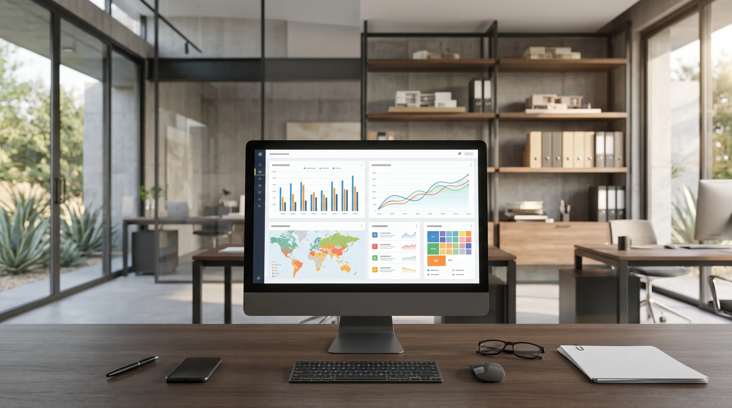 Vista simétrica a nivel de escritorio de un monitor de computadora oscuro sobre un escritorio de nogal en una oficina ejecutiva de arquitectura y desarrollo inmobiliario, mostrando un panel de análisis de negocios con gráficos de barras, mapas de calor globales y métricas, acompañado de pluma, smartphone, teclado, mouse, lentes y documentos, con particiones de vidrio y plantas desérticas al fondo, representando la inteligencia estratégica y el desarrollo basado en datos de RBA Residences en Zapopan.