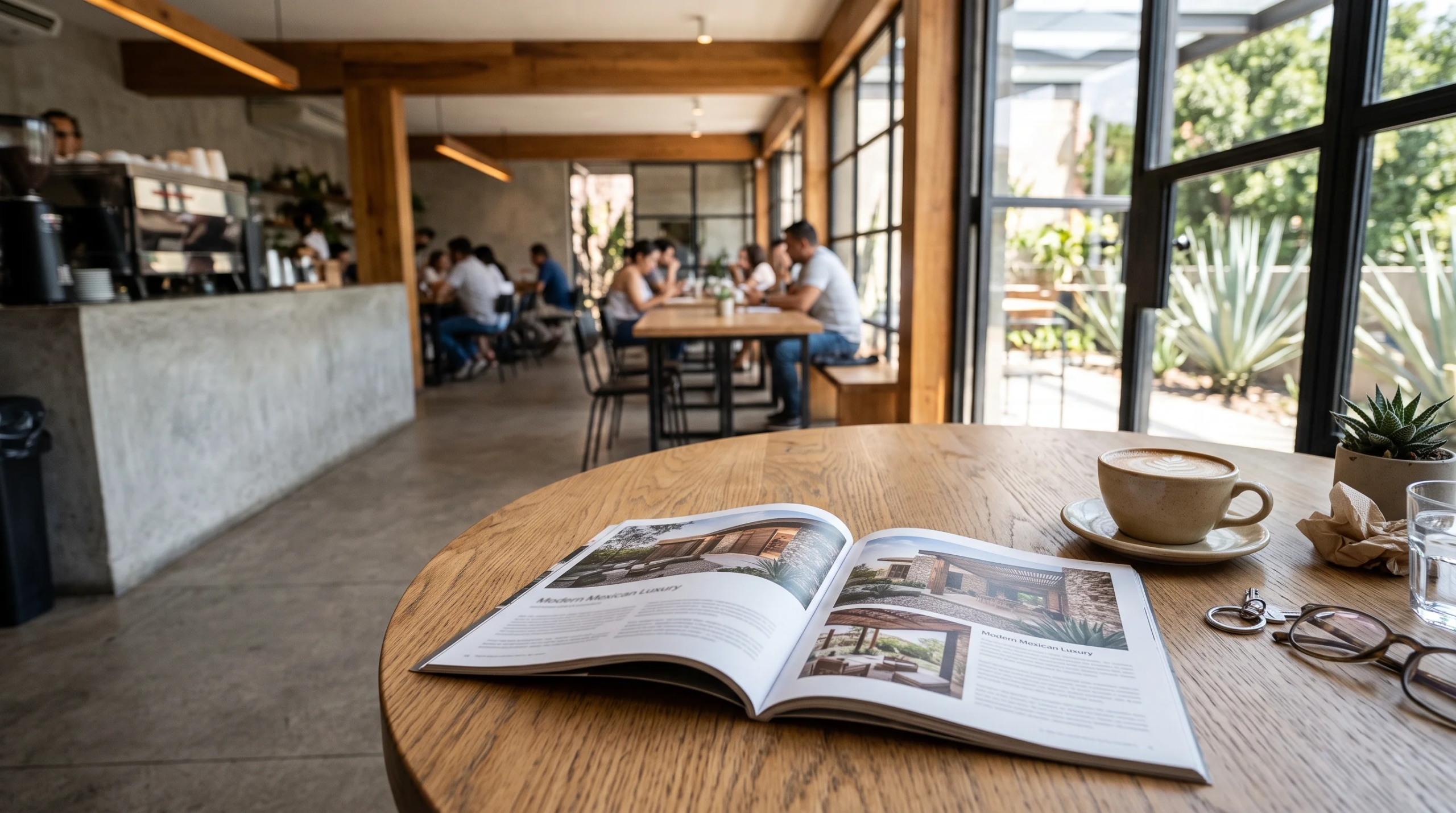 Vista a nivel de mesa en un café industrial-chic con una revista de arquitectura abierta sobre una mesa de roble, acompañada de arte latte, lentes y llaves, con un fondo desenfocado de barra de concreto, vigas de madera y ventanales hacia un patio con agaves, representando la inspiración de estilo de vida y la elegancia cotidiana de RBA Residences en Zapopan.