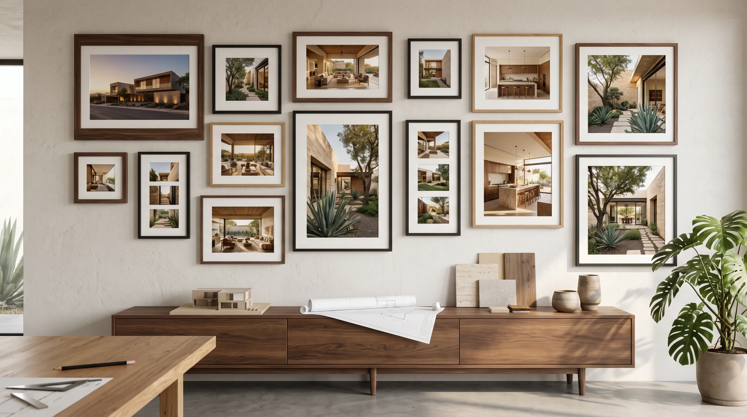 Vista interior fotorrealista de una pared de galería ejecutiva en un estudio de arquitectura de lujo, con una cuadrícula de fotografías enmarcadas de proyectos residenciales modernos, paisajismo desértico e interiores cálidos, sobre una consola de nogal con maqueta, planos y muestras de materiales, junto a una planta Monstera y pisos de concreto pulido, representando el prestigio del portafolio y la curaduría del legado de RBA Residences en Zapopan.