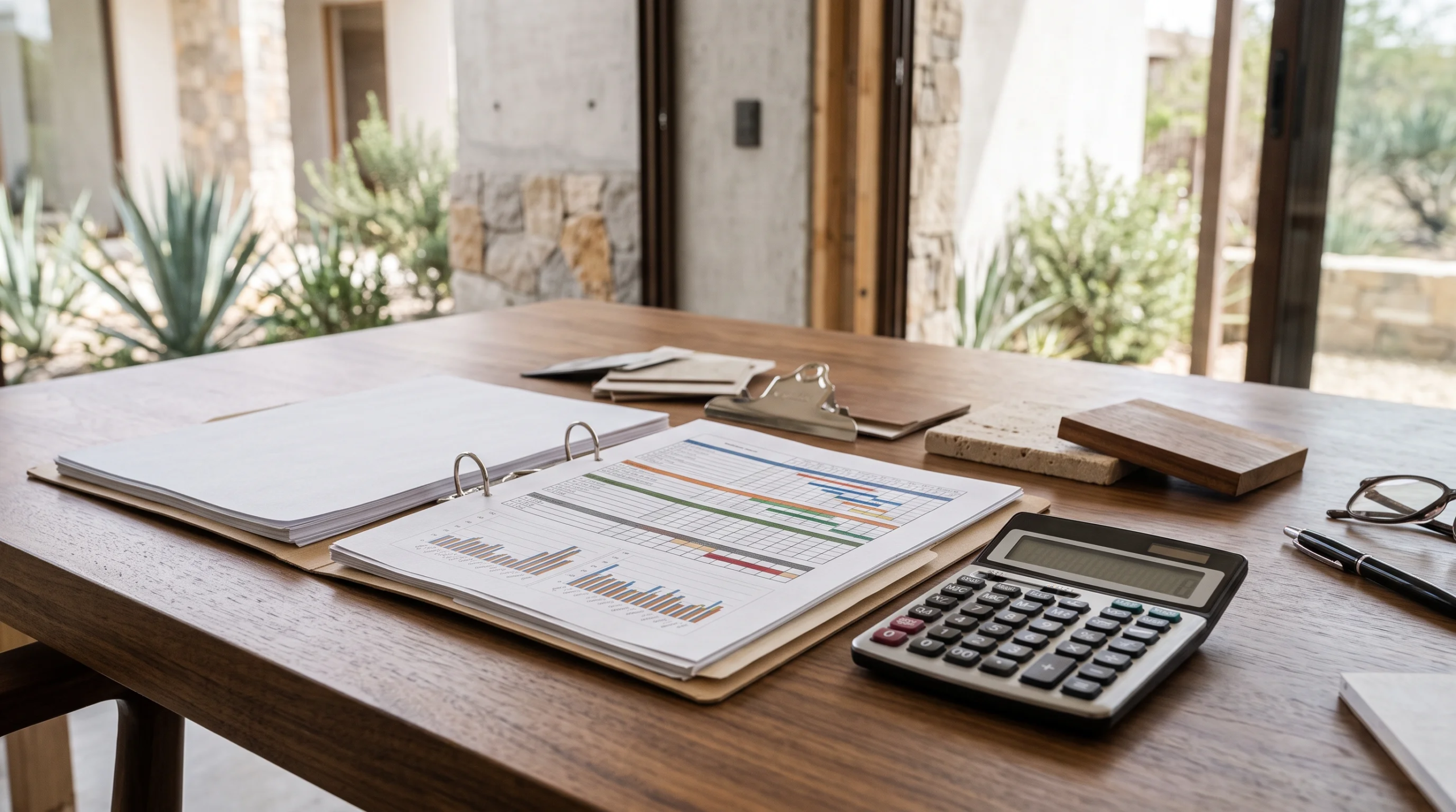 Vista de primer plano de un escritorio ejecutivo de madera en una oficina de residencia moderna de lujo, con documentación financiera, gráficos de Gantt, una carpeta abierta y una calculadora, junto a muestras de acabados de piedra travertino y madera pulida, con un fondo desenfocado de puertas de vidrio de piso a techo hacia un paisajismo desértico, representando el mando ejecutivo integrado y la curaduría logística de RBA Residences en Zapopan.