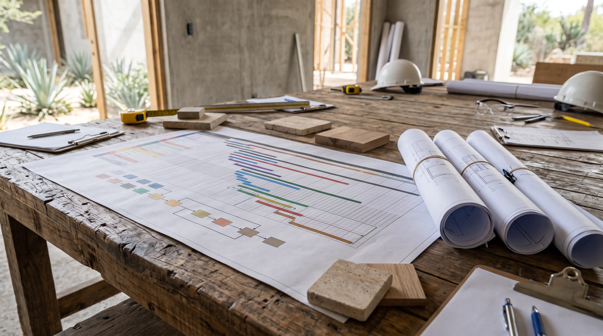 Vista a nivel de mesa de un banco de trabajo rústico de madera en una obra residencial de lujo activa, con gráficos de cronograma de Gantt, diagramas de flujo, planos enrollados, cintas métricas amarillas y muestras de piedra travertino sujetas por bloques, junto con cascos blancos y portapapeles al fondo, representando el control operativo en campo y la ejecución de cronogramas de RBA Residences en Zapopan.