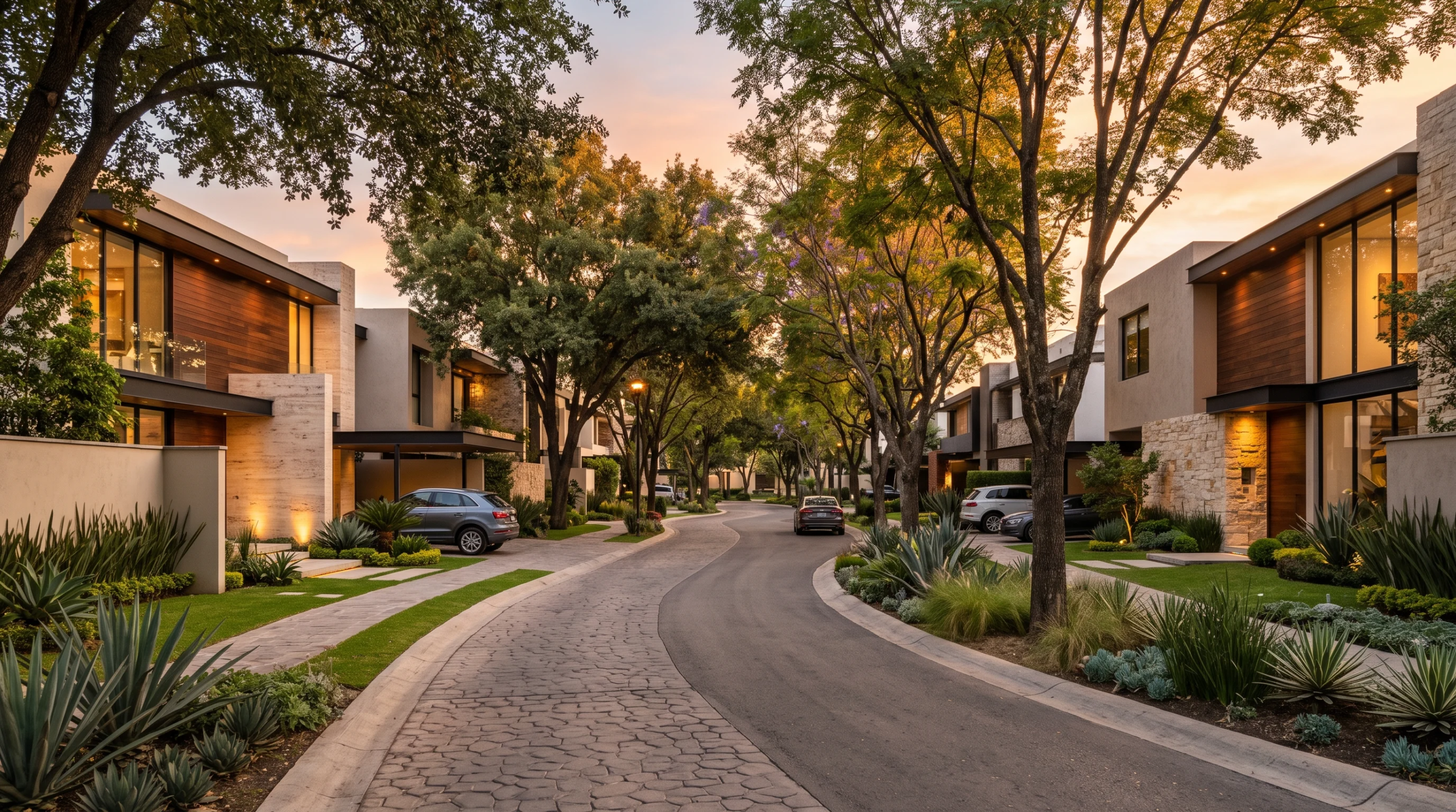 Vista a nivel del suelo de una tranquila calle arbolada en una comunidad privada exclusiva al anochecer, con villas modernas de piedra cálida y nogal oscuro, ventanas de vidrio con luz interior, calzadas de adoquines y árboles maduros, representando el entorno exclusivo y la armonía comunitaria de RBA Residences en Zapopan.