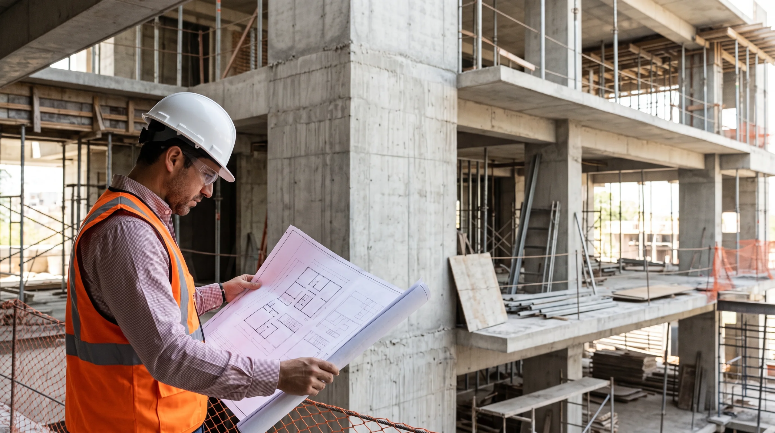 Vista de perfil de un ingeniero de sitio o gerente de proyecto con casco blanco, gafas de seguridad y chaleco naranja de alta visibilidad, examinando planos arquitectónicos en un balcón superior de un desarrollo residencial de lujo de concreto colado en sitio, con redes de seguridad, columnas expuestas y andamios, representando la supervisión en altura y los estándares de seguridad de RBA Residences en Zapopan.