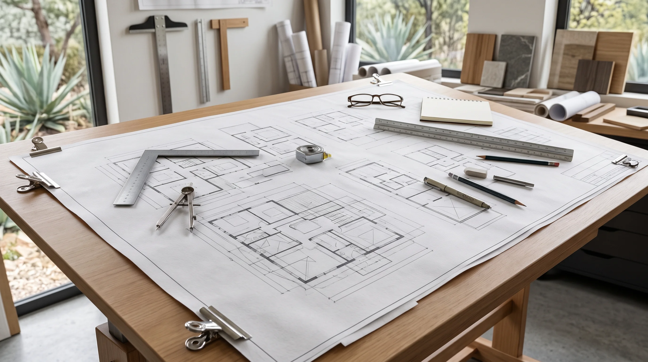 Vista en ángulo alto de una mesa de dibujo de madera en un estudio arquitectónico de alta gama, con planos detallados sobre una superficie de roble, rodeados de herramientas de precisión (escuadra metálica, compás, escala triangular, plumillas, lápices, goma y lentes), con un fondo desenfocado de ventanas grandes, vegetación natural, escuadras en T, tubos de planos y muestras de madera, representando la exactitud técnica meticulosa y la maestría arquitectónica serena de RBA Residences en Zapopan.