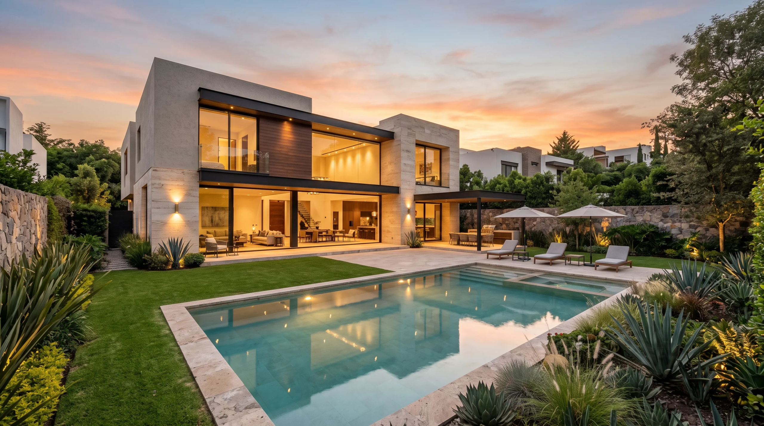 Vista exterior a nivel de los ojos de una villa moderna de lujo de dos niveles durante un vibrante atardecer, con una alberca rectangular de agua turquesa, revestimiento de piedra travertino, acentos de madera y puertas de vidrio que revelan interiores iluminados, rodeada de un jardín meticulosamente paisajizado con agaves, muros de contención y área de descanso, representando la integración de estilo de vida resort y la arquitectura de paisaje de RBA Residences en Zapopan.