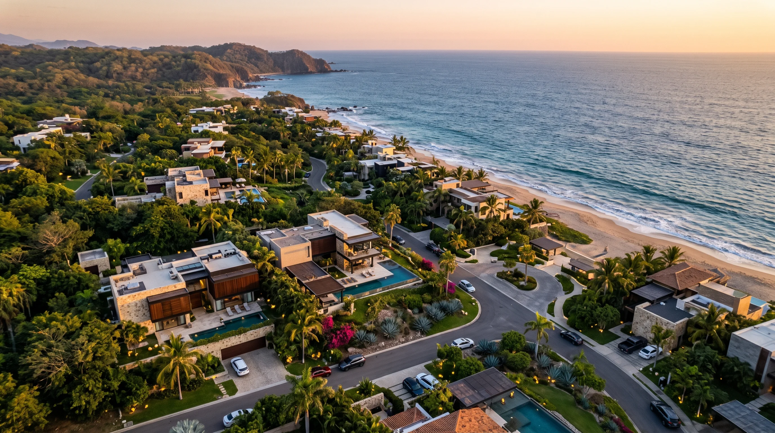 Vista aérea de un desarrollo residencial costero exclusivo al atardecer, con villas modernas de varios niveles, techos planos, fachadas de piedra cálida, albercas infinitas privadas y follaje tropical junto a una carretera sinuosa, representando la maestría en desarrollos master-planned y la integración ecológica de RBA Residences en Zapopan.