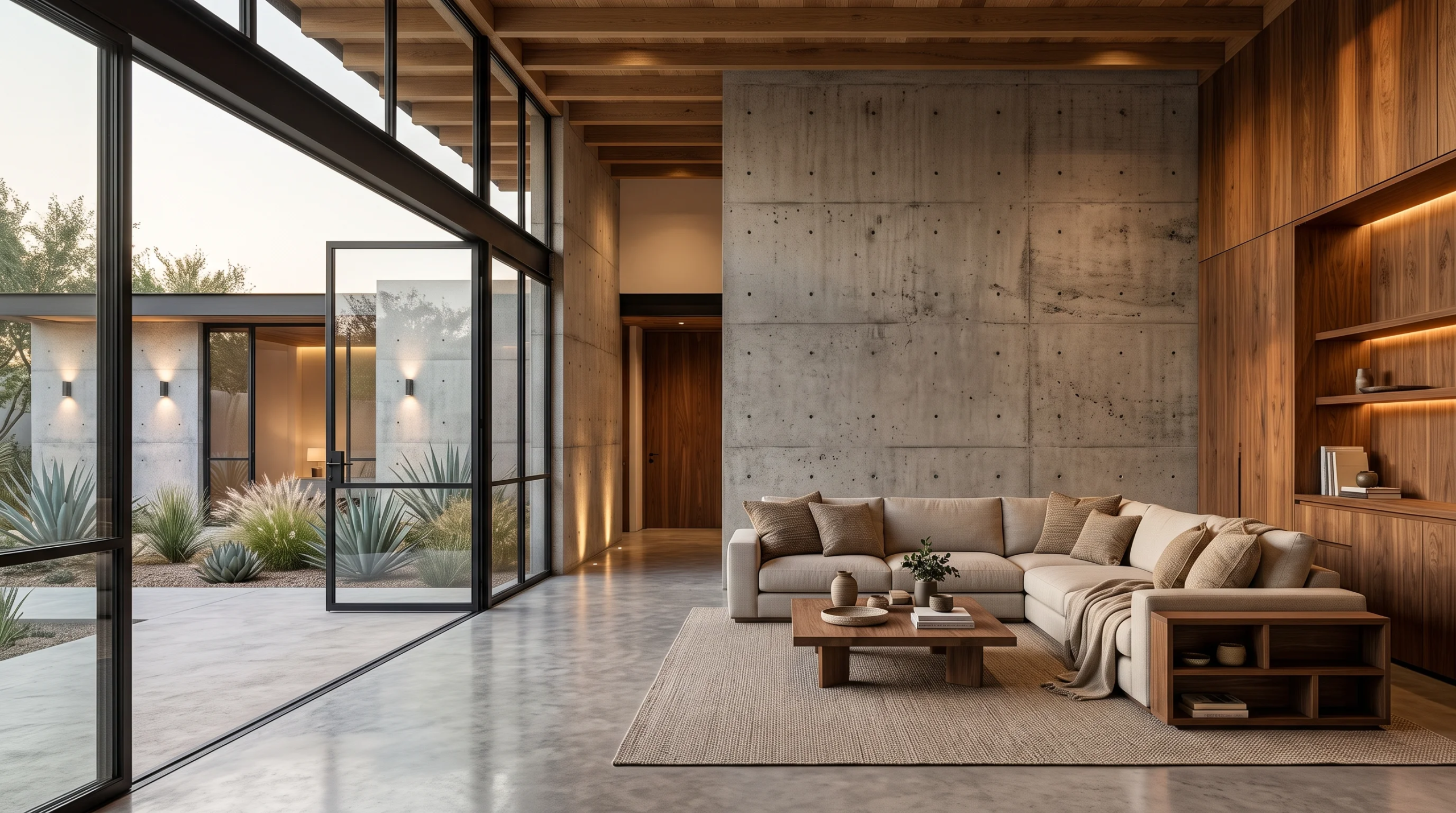 Vista interior fotorrealista de una sala de estar moderna de lujo con pisos de concreto pulido, muro de concreto crudo, paneles de nogal con estantería iluminada, vigas de madera y puertas de vidrio de doble altura hacia un patio desértico soleado con agaves, decorada con sofá modular blanco hueso y tonos beige, representando la serenidad orgánica y el dominio de la luz natural de RBA Residences en Zapopan.