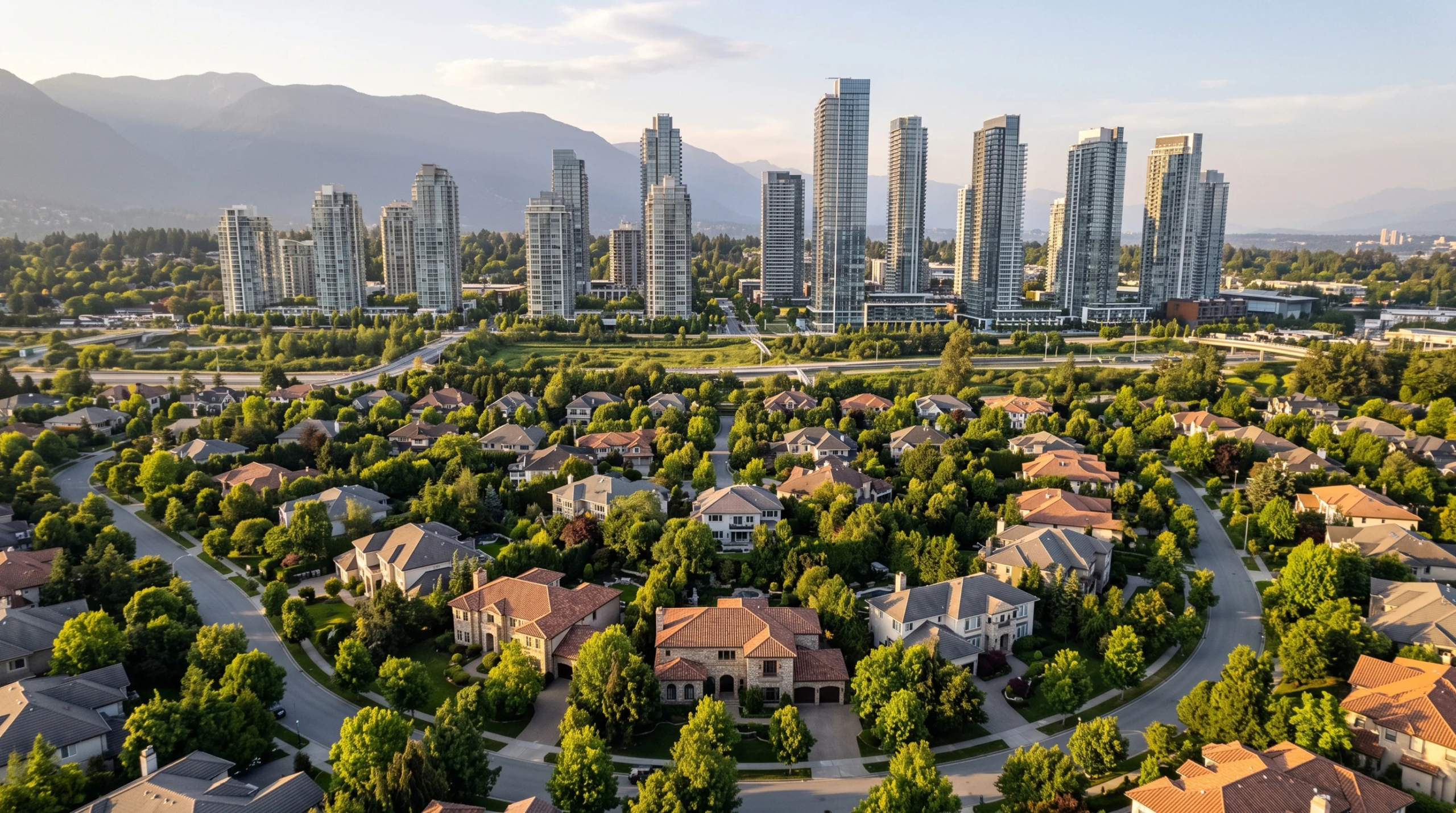 Vista aérea panorámica de un exclusivo vecindario suburbano de lujo con residencias modernas, frente a un horizonte urbano de rascacielos y una cordillera montañosa distante, ubicación estratégica de RBA Residences en Zapopan.