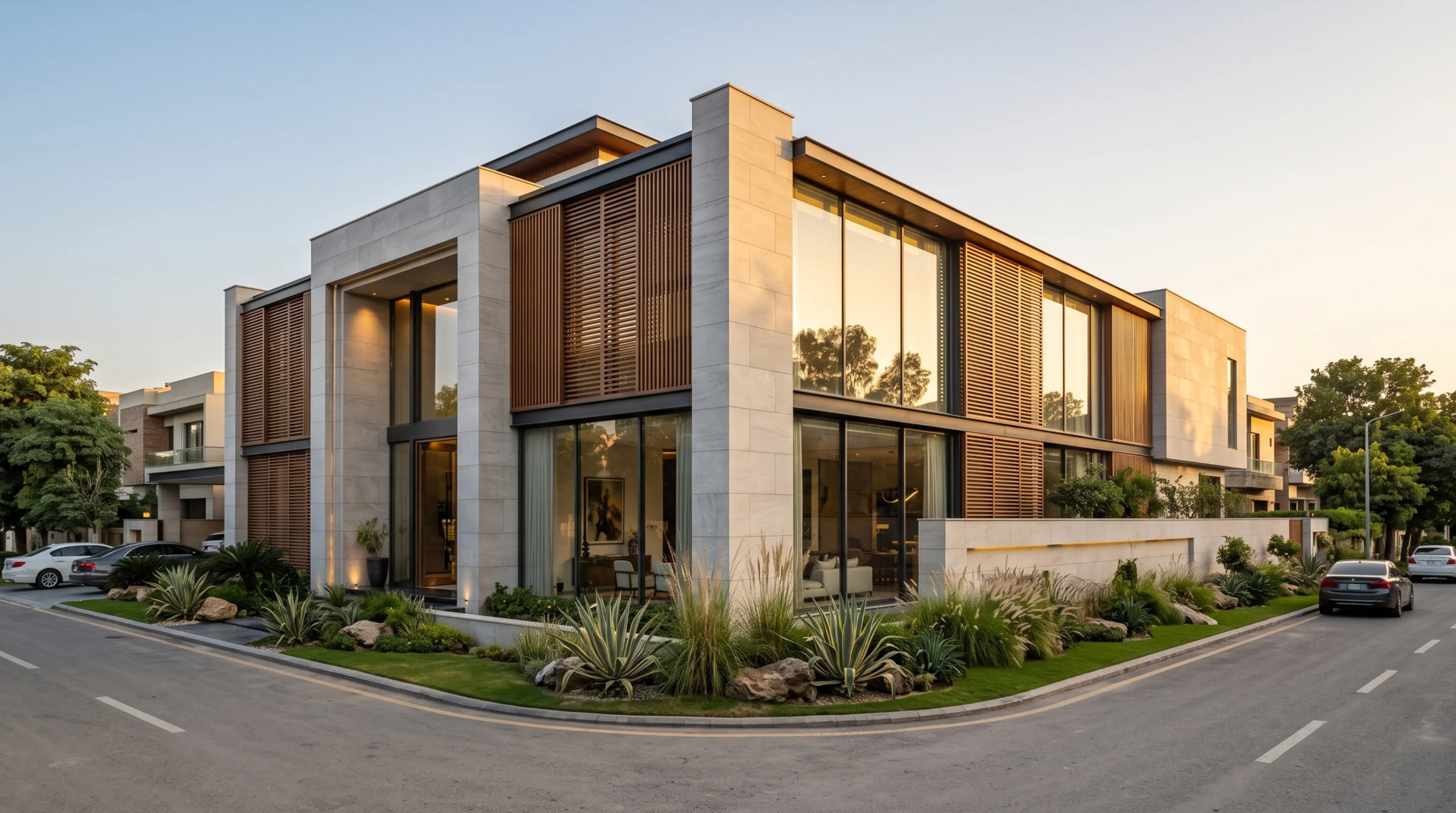 Villa de lujo contemporánea de varios niveles con revestimiento de travertino, lamas de madera, ventanales de piso a techo y paisajismo desértico al atardecer, fachada climática de RBA Residences en Zapopan.
