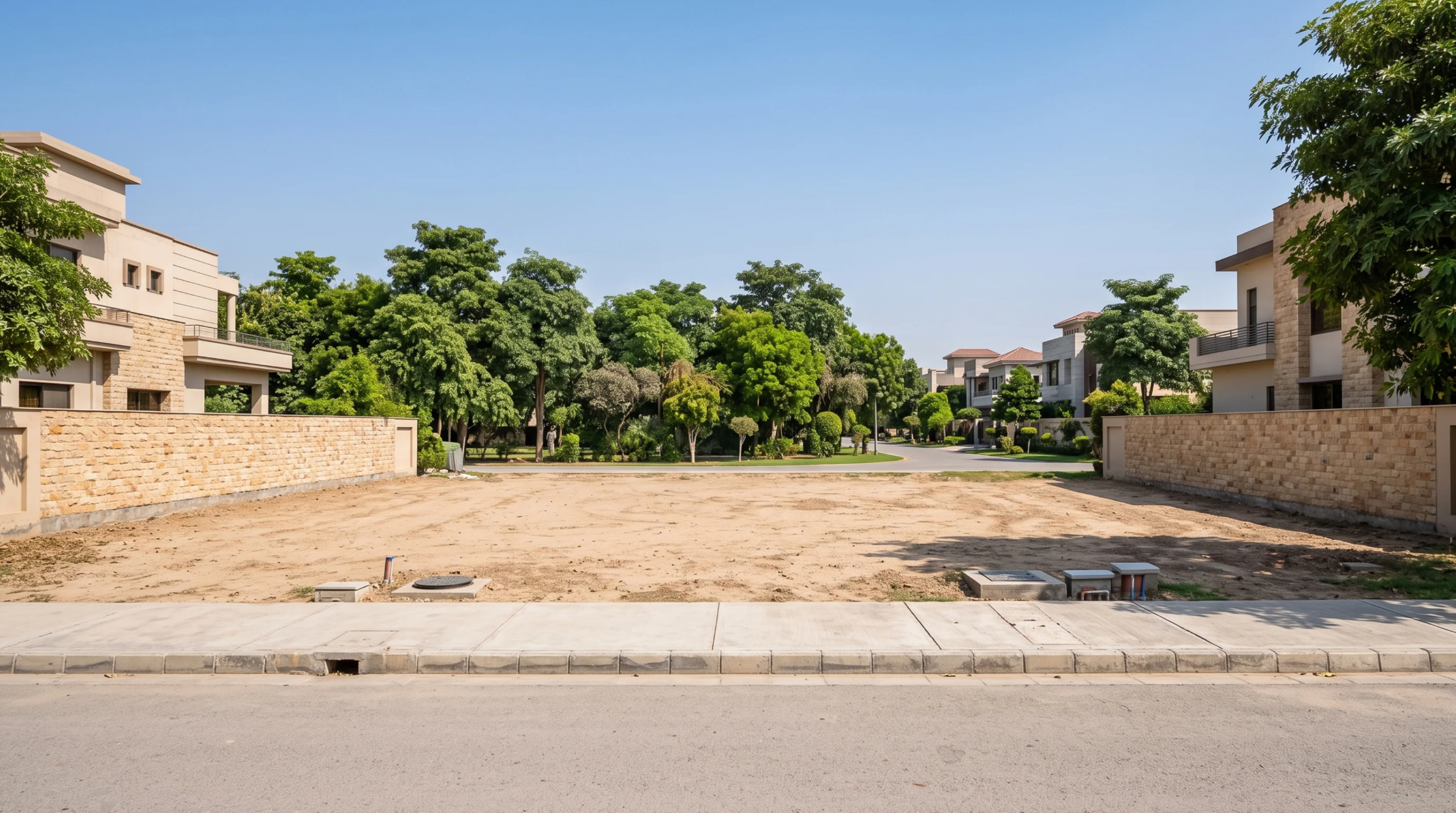 Terreno residencial despejado con conexiones de servicios subterráneos, flanqueado por muros perimetrales de piedra y casas modernas de lujo, preparación de sitio de RBA Residences en Zapopan.