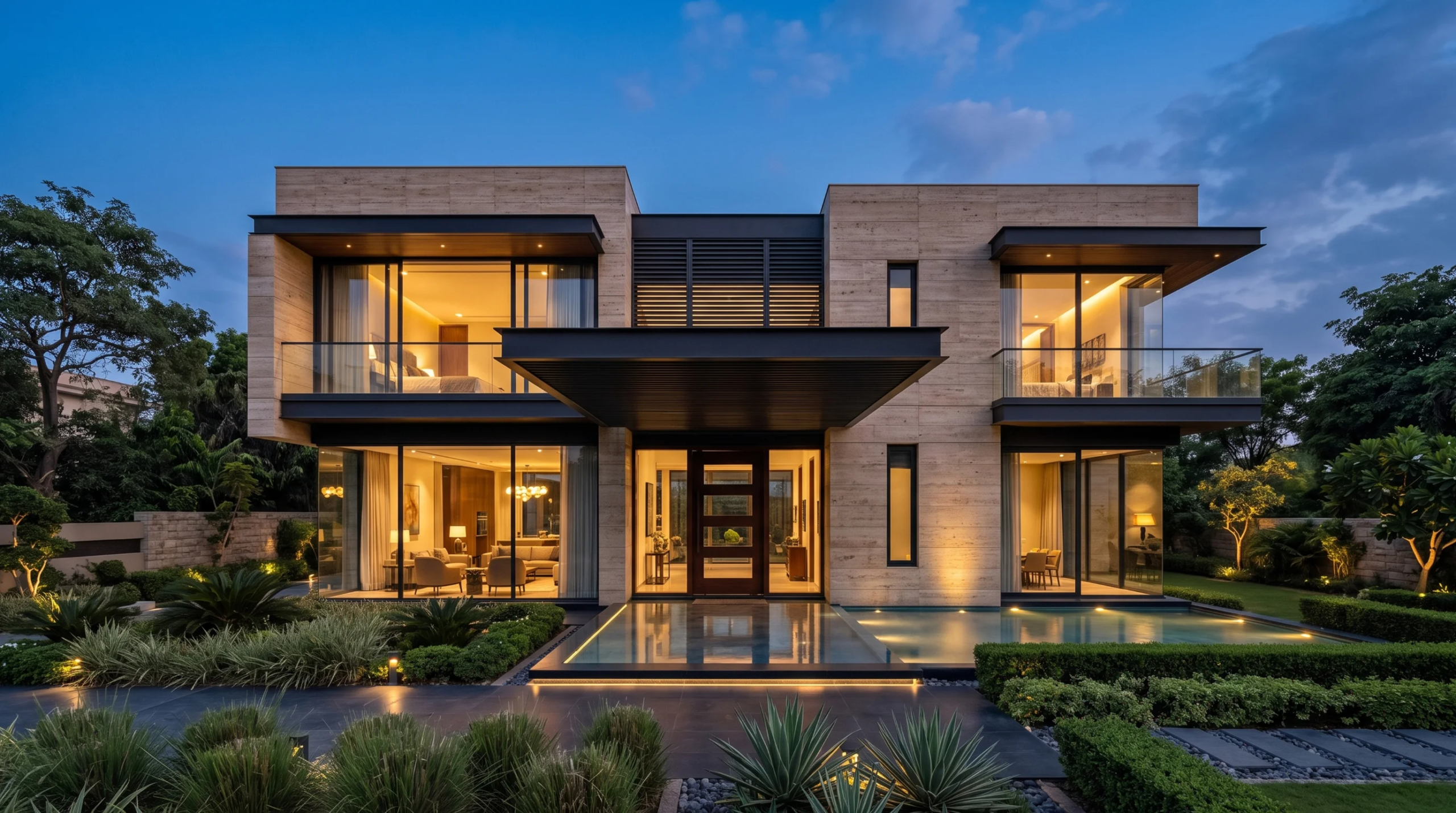 Mansión de lujo moderna de dos niveles con fachada de travertino, voladizo de entrada, fuente de agua reflectante y cálido resplandor interior al atardecer, diseño arquitectónico de RBA Residences en Zapopan.